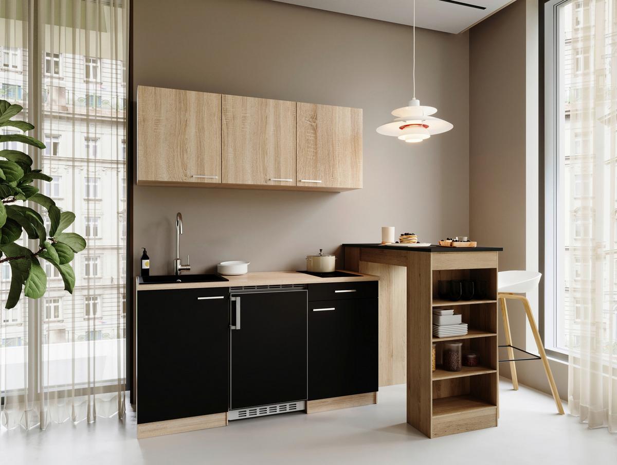 Miniküche Ingrid Schwarz/Eichefarben B: 150cm - Eichefarben/Schwarz, Design, Holzwerkstoff (150cm) - Respekta