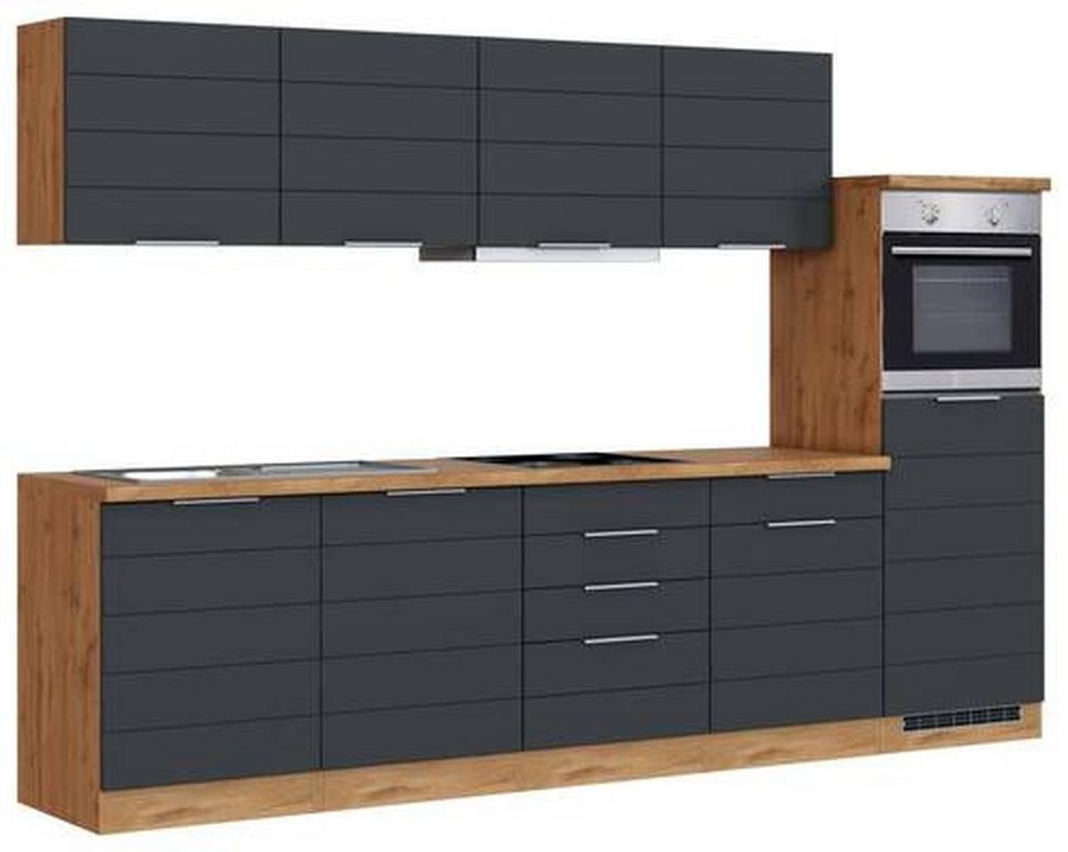Küchenzeile Florenz mit Geräten 300 cm Grau/Eichefarben - Eiche Wotan/Grau, Design, Holzwerkstoff (300cm) - Held