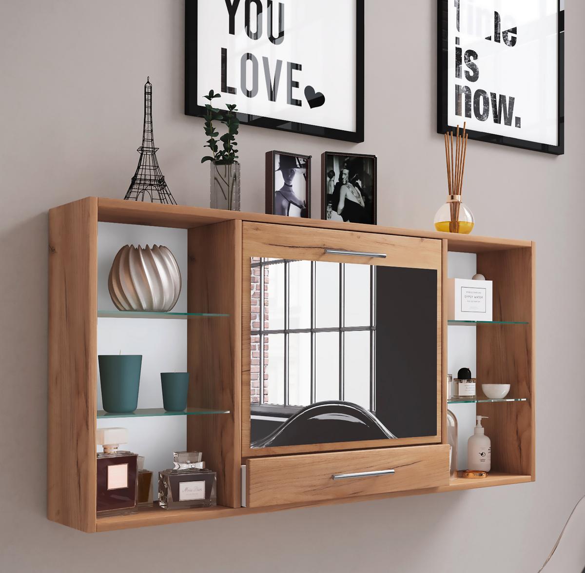 Nástenný regál so zrkadlom š: 115 cm, dub medový - dub medový/hliníková, Modern, kov/kompozitné drevo (115cm) - MID.YOU