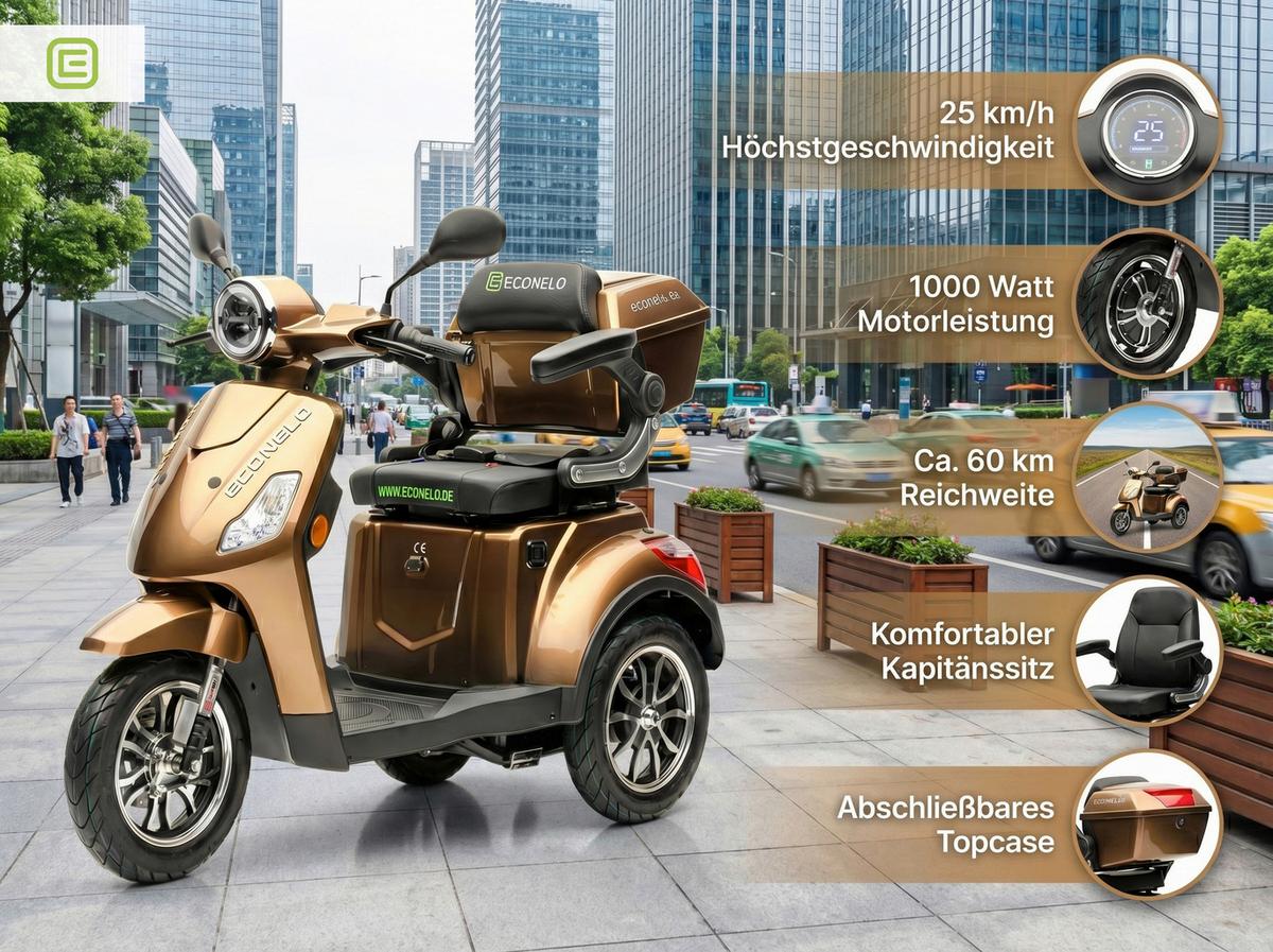 E-Seniorenmobil YOGI-IQ Blei-Akku, 3-Rad, 1000W - Cognac, Basics, Kunststoff/Metall (152/67/102cm)