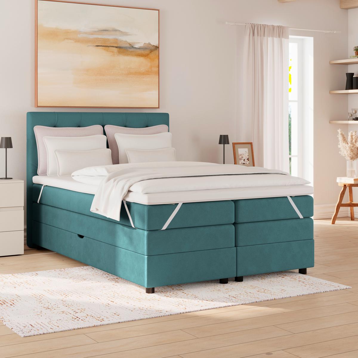 Boxspringbett Elio Petrol 140x200 Cm H3/h4 - Petrol/Schwarz, ROMANTIK / LANDHAUS, Textil (144/121/212cm) - James Wood