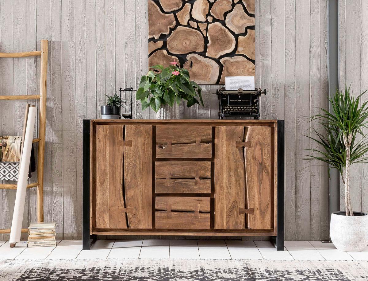 Sideboard Akazie/Schwarz B: 140cm - Schwarz/Naturfarben, Design, Holz/Metall (140/90/40cm) - MID.YOU