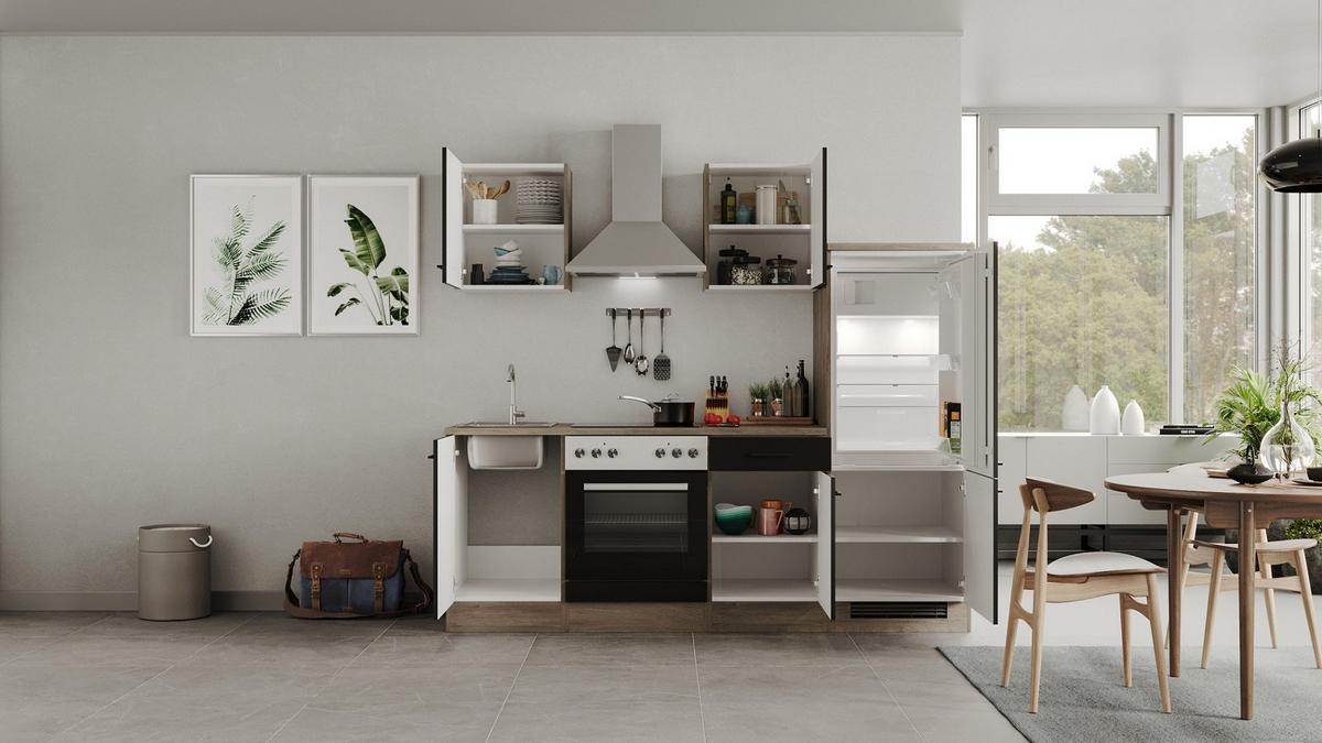 Küchenblock Capri Eiche/schwarz B: 220 Cm - Eichefarben/Schwarz, MODERN, Holzwerkstoff (220cm) - FlexWell