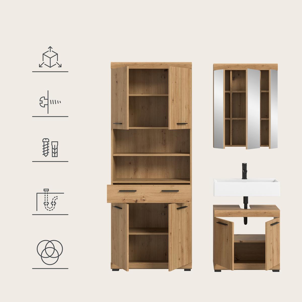 Badezimmer Scout Eiche Artisan Dekor B: 134cm - Schwarz/Eiche Artisan, Trend, Glas/Holzwerkstoff (134cm) - MID.YOU