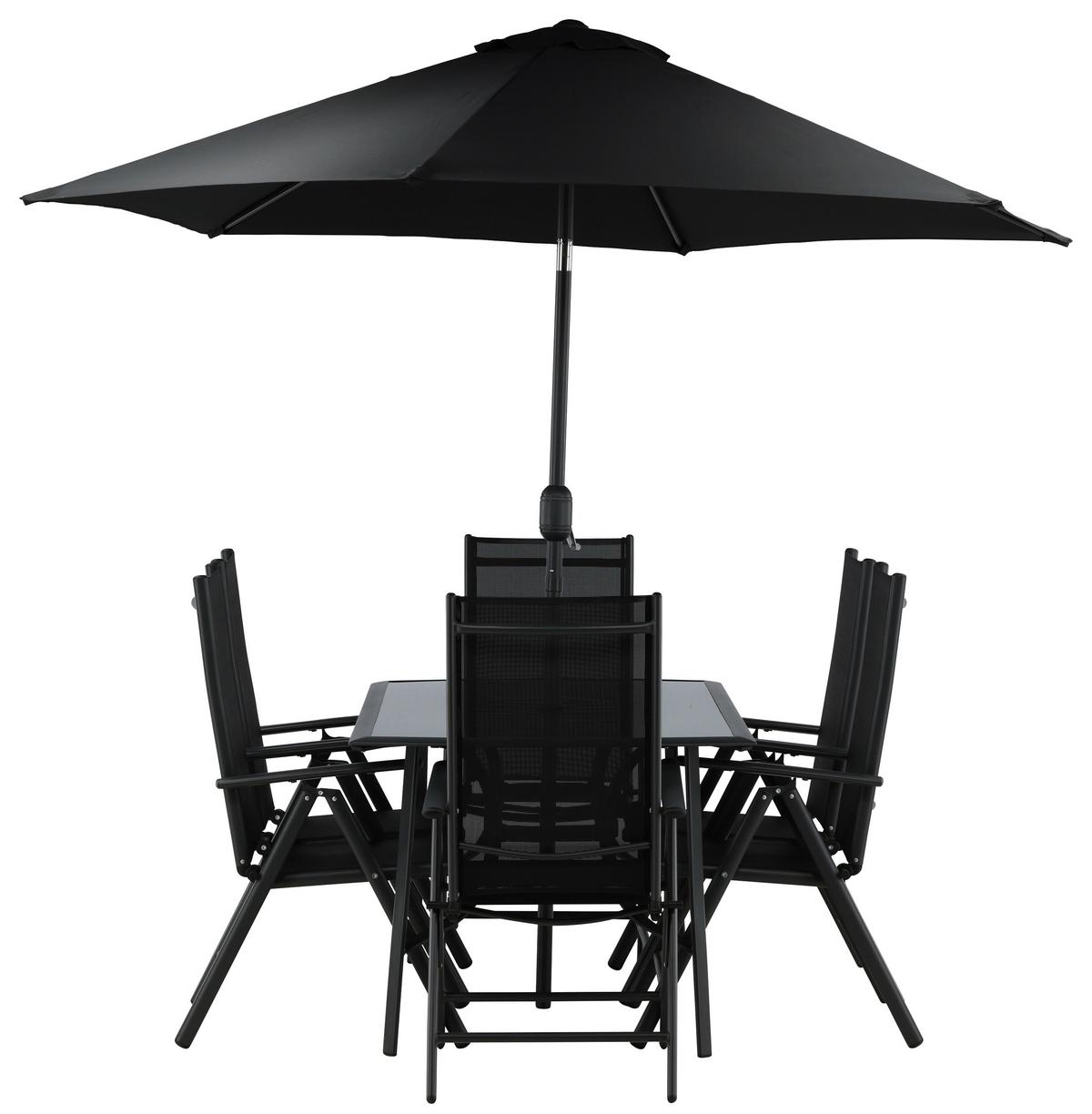 Gartentischgruppe 8-Tlg Brekki aus Aluminium mit Schirm - Schwarz, KONVENTIONELL, Glas/Metall - Gardenson