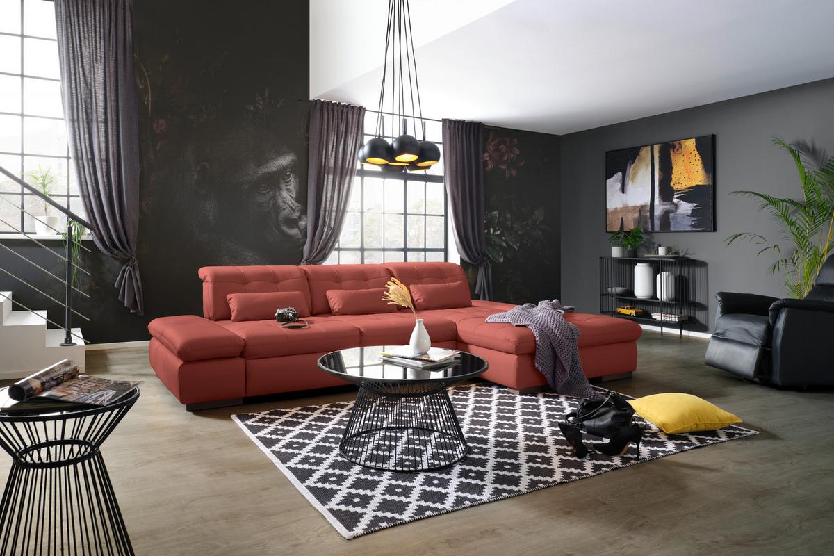 Rohová sedačka SANFINO, pravá, vínovočervená pravá koža - vínovočervená/chrómová, Konventionell, kov/koža (305/199cm) - Premium Living