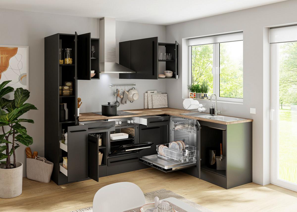 Eckküche Jazz 8 250 Schwarz S: 250x175 cm - Eichefarben/Schwarz, LIFESTYLE, Holzwerkstoff (250/175cm) - P & B