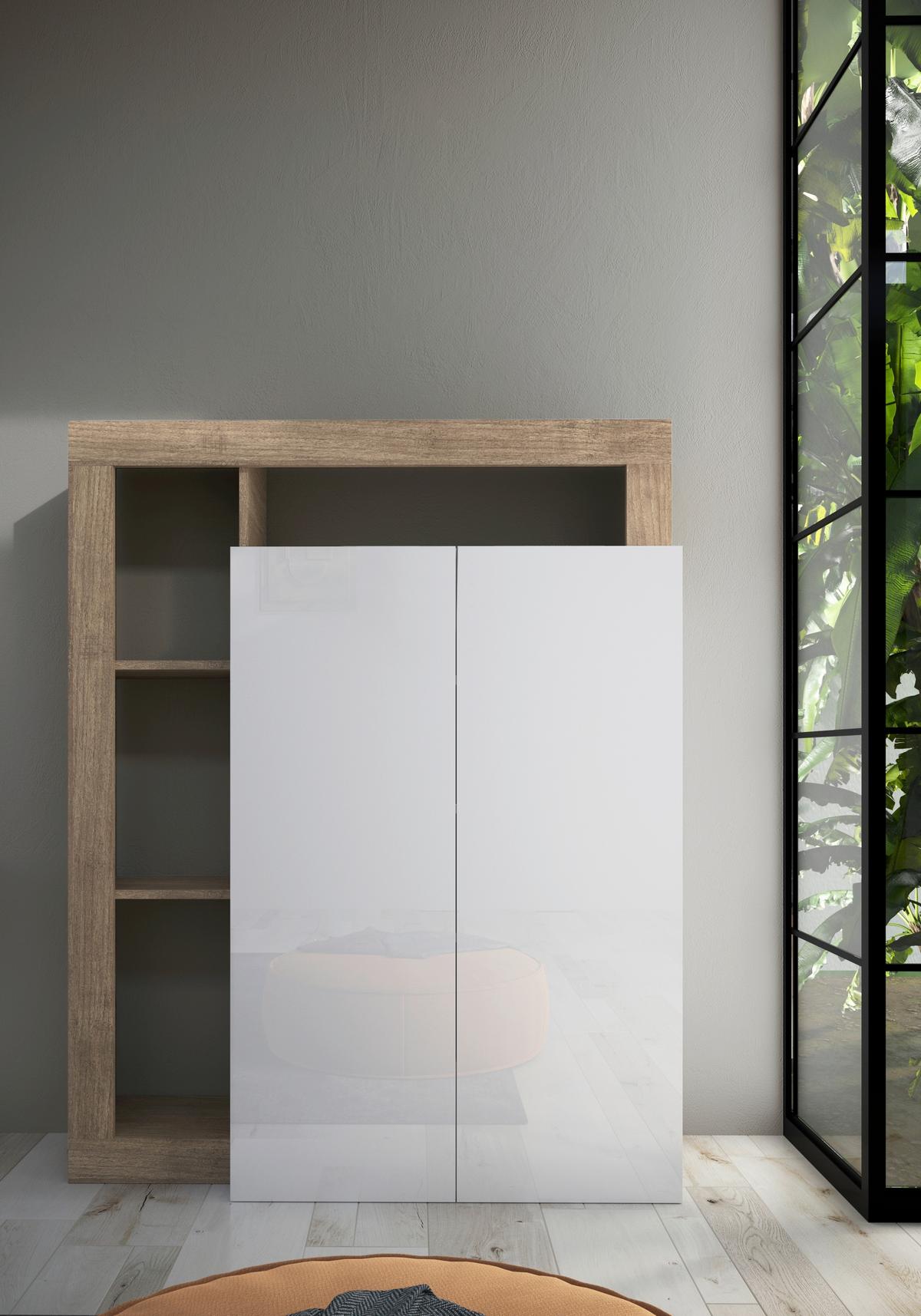 Schuhschrank Hamburg Eichefarben/Weiß B: 108 cm - Weiß Hochglanz/Eichefarben, Basics, Holzwerkstoff (108/138/35cm)