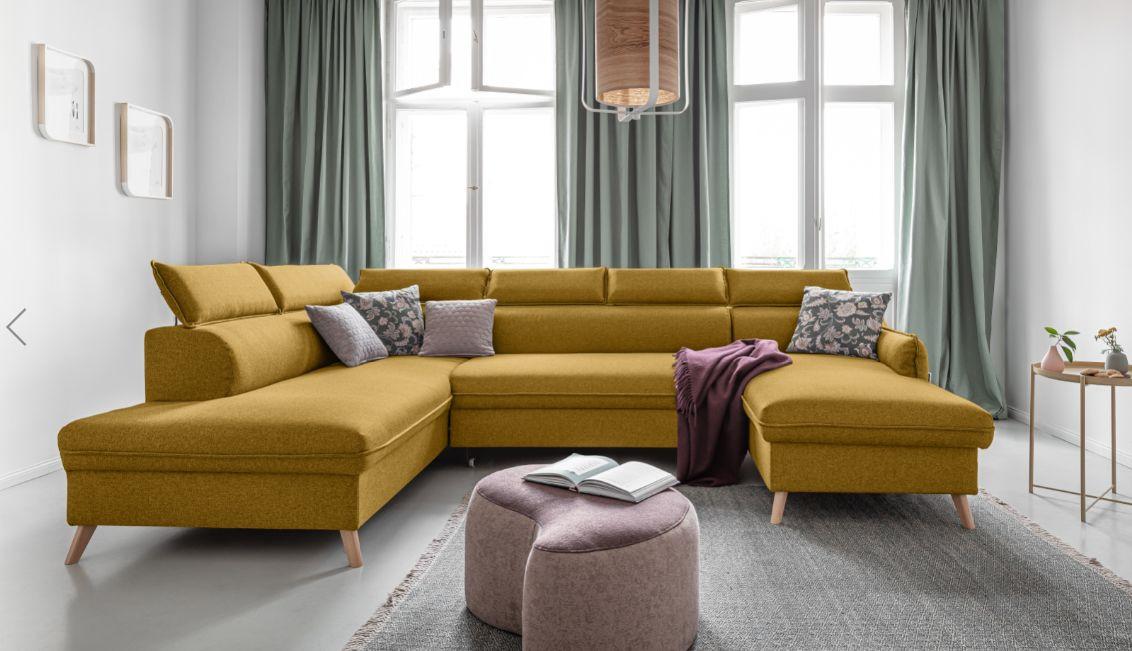 Rozkladacia sedačka Simone, ľavé prevedenie - horčicovožltá/prírodná farba, Modern, drevo/textil (321/82/95/208cm)
