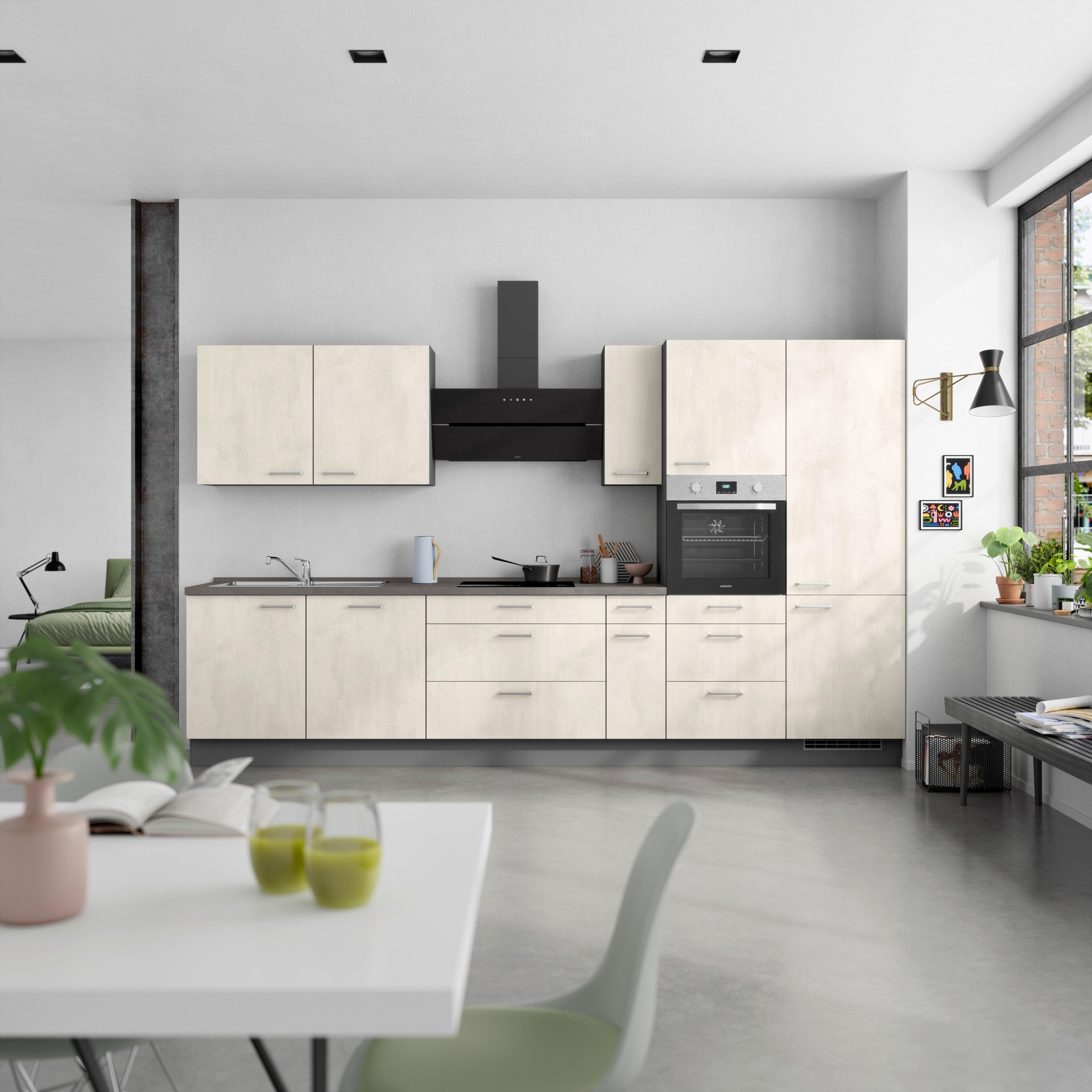 Kuchynská linka 360 cm, biely betón/ bridlicová šedá - biela/farba ušľachtilej ocele, Modern, kov/kompozitné drevo (360cm) - Nobilia