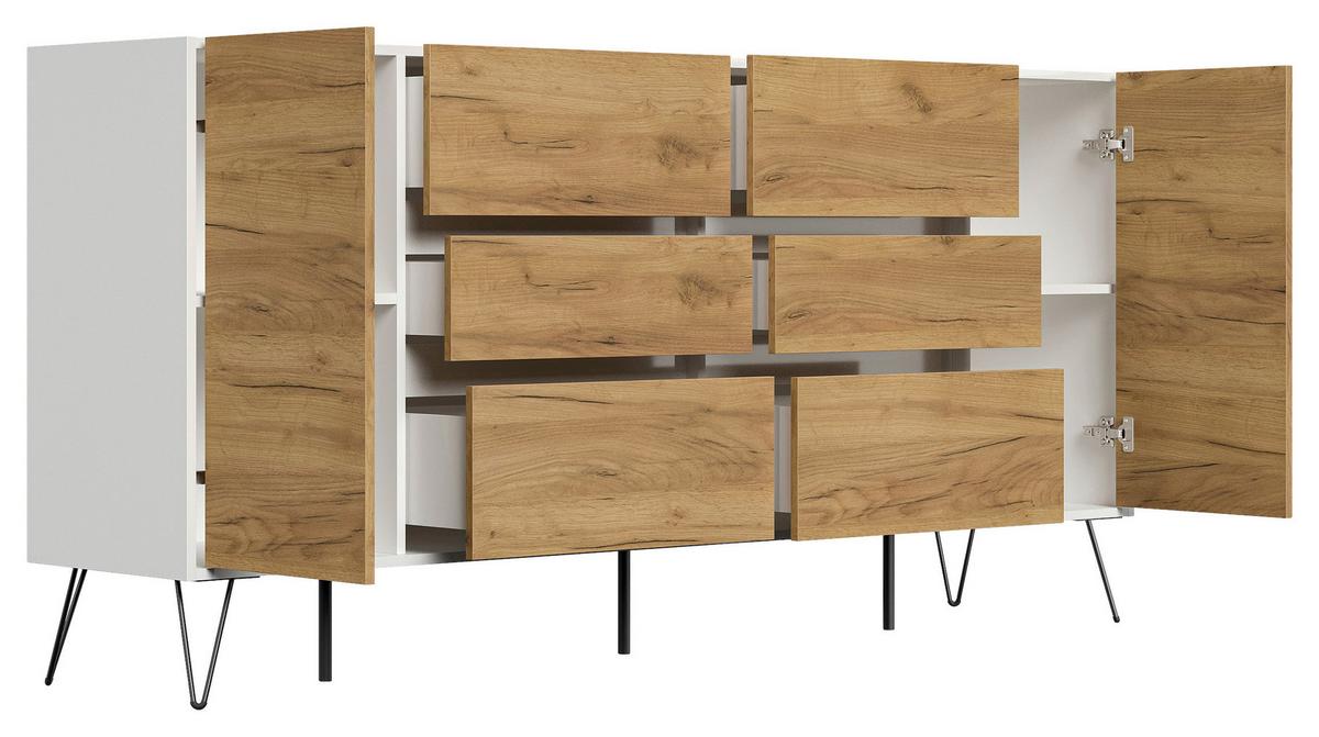 Sideboard Posseik Industrial Weiß/Eichefarben B: 199 cm - Eichefarben/Weiß Hochglanz, Design, Holzwerkstoff (199/93,6/42cm) - P & B