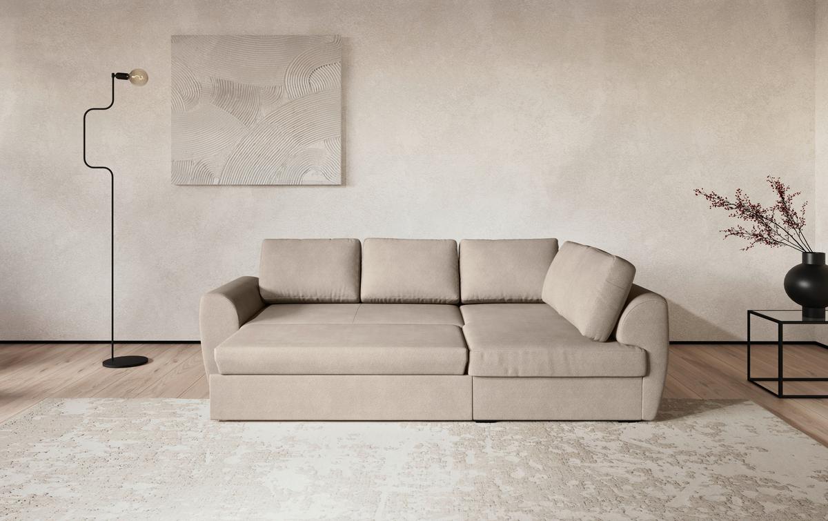 Ecksofa mit Bettfunktion Drift Microfaser natur, B: 253cm - Schwarz/Naturfarben, Trend, Textil (253/154cm)