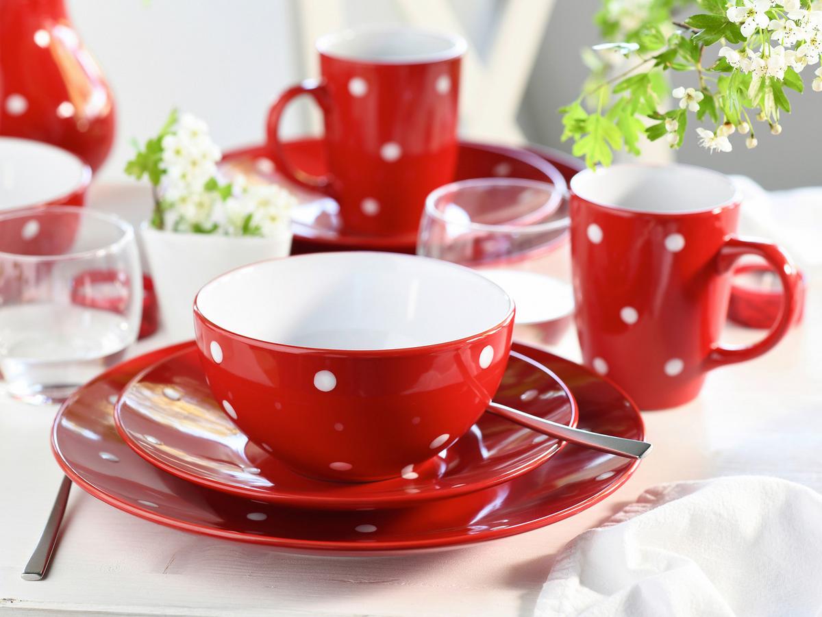Kombiservice Polka Dots Rot/weiß, 4 Pers., 16-Teilig - Rot/Weiß, Basics, Keramik - Creatable