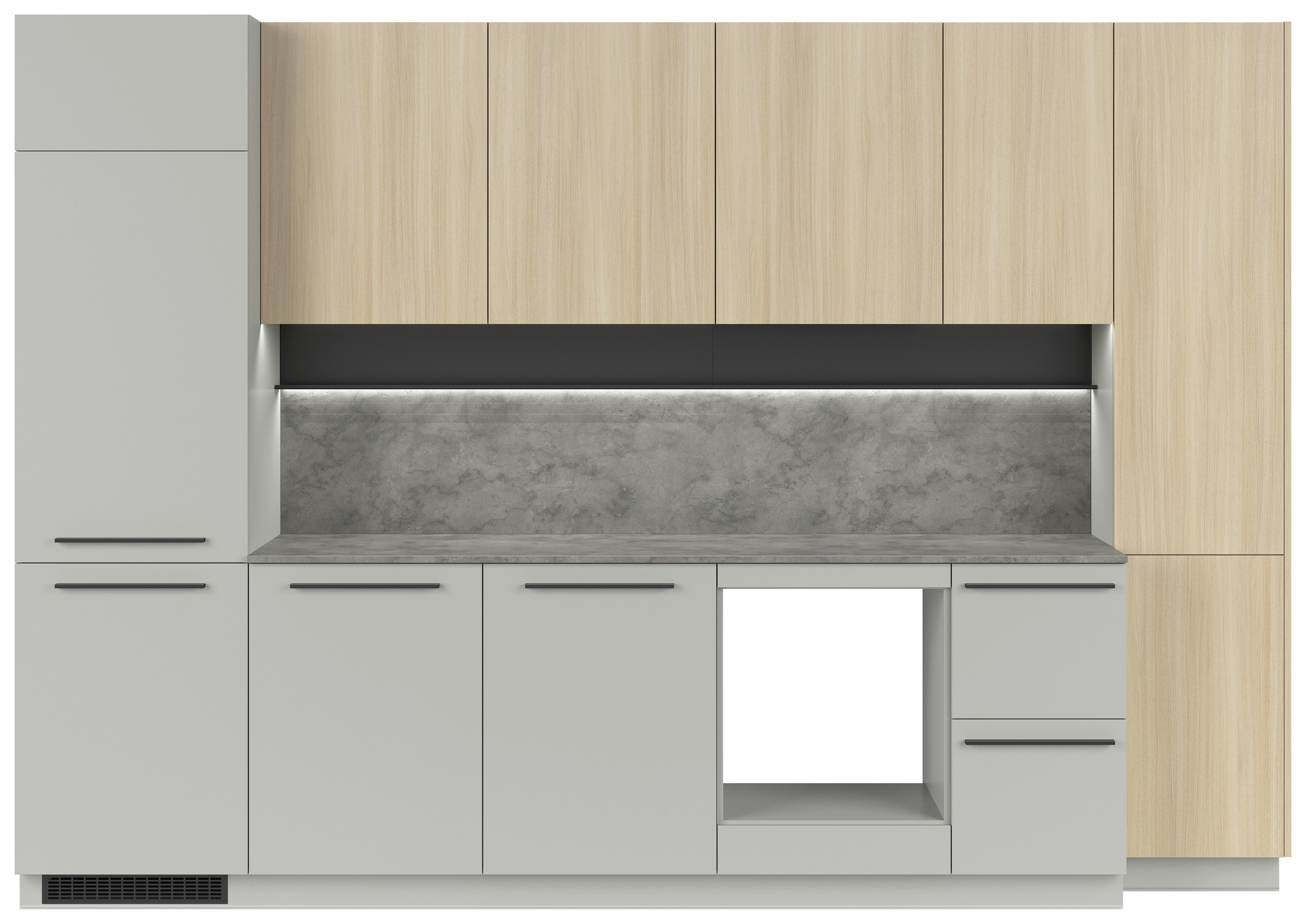 Kuchynská linka MILINO MEDIUM vrát.obkladu a LED regálu - čierna/sivá, Basics, kompozitné drevo/plast (345cm) - Visiona