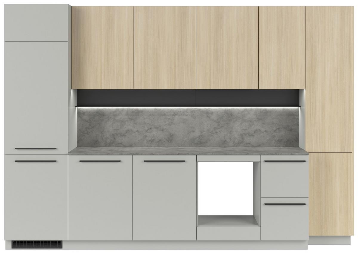 Kuchynská linka MILINO MEDIUM vrát.obkladu a LED regálu - čierna/sivá, Basics, kompozitné drevo/plast (345cm) - Visiona