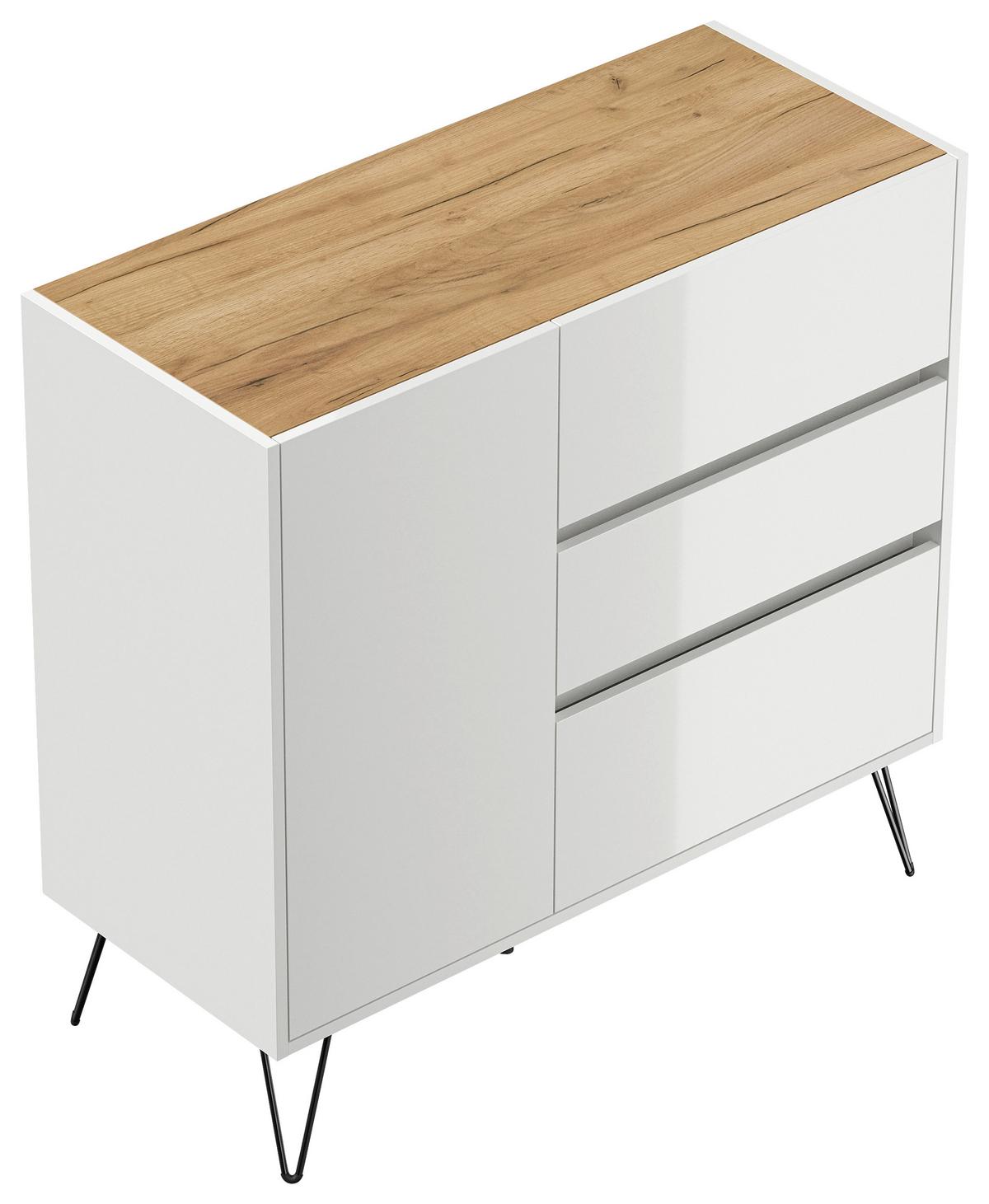 Sideboard Posseik Industrial Weiß/Eichefarben B: 99 cm - Weiß Hochglanz/Eichefarben, Design, Holzwerkstoff (99/93,6/42cm) - MID.YOU