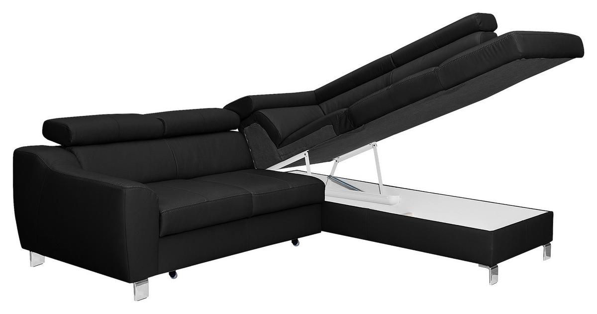 Ecksofa Aspen Mit Bettkasten Lederlook Schwarz 245x208 Cm - Chromfarben/Schwarz, Design, Leder/Textil (245/208cm) - Livetastic