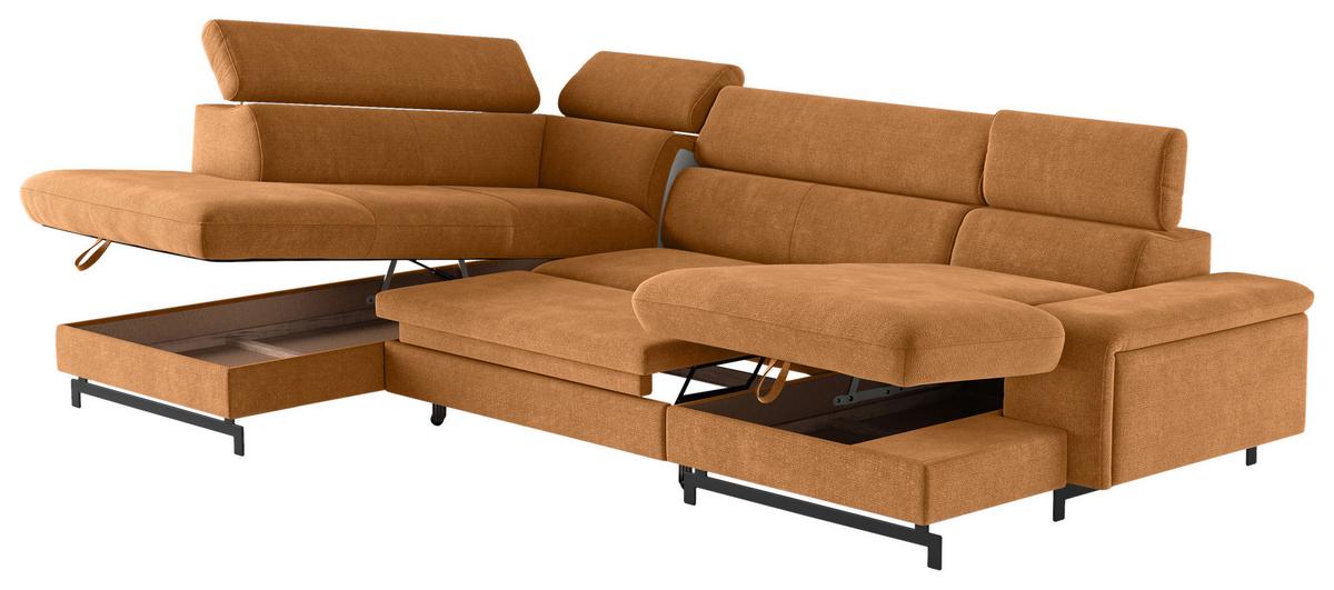 Wohnlandschaft mit Bettkasten Emma Cognac - Cognac/Schwarz, Textil (215/328/165cm) - MID.YOU