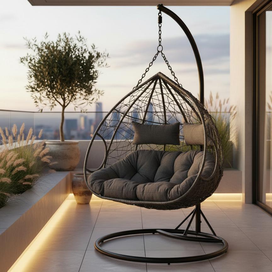 Závěsné křeslo ENEA tmavě šedé - černá/tmavě šedá, Moderní, kov/textil (133/205/120cm) - Bessagi Garden