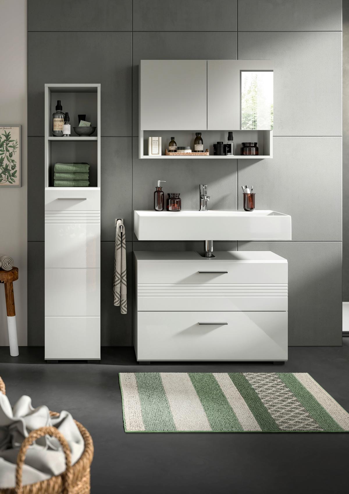 Badezimmer Copa Grau Weiß Hg B: 110 Cm - Weiß Hochglanz/Schwarz, MODERN, Holzwerkstoff (110cm) - MID.YOU