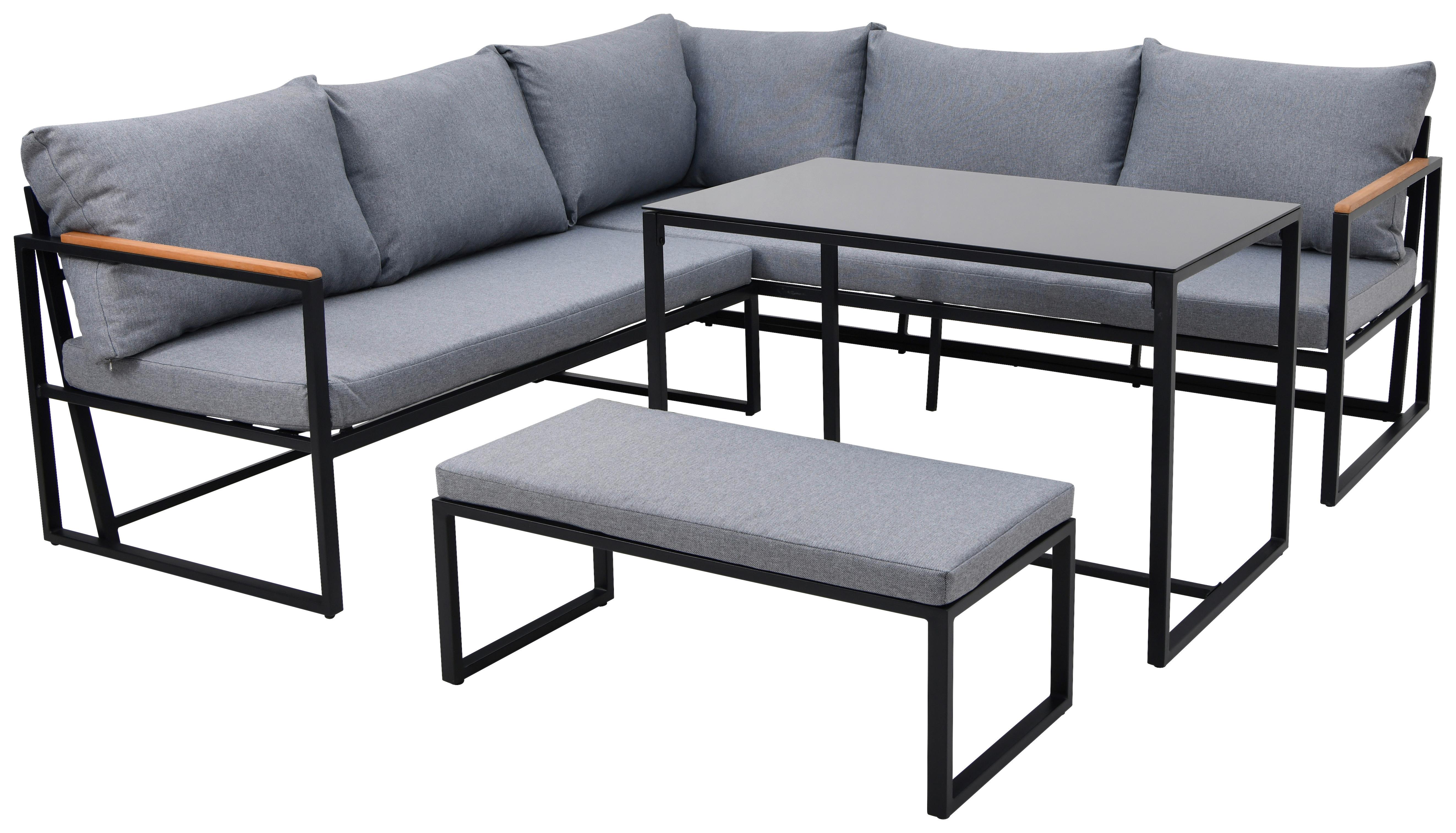 Loungegarnitur mit gepolsterter Eckbank, Hocker und Tisch