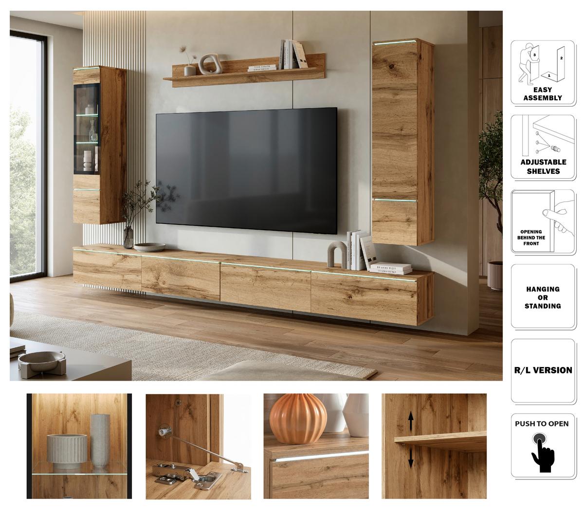 Wohnwand Vera Xxl Eiche Wotan B: 300cm - Eiche Wotan/Grau, Basics, Glas/Holzwerkstoff (300/162/33cm) - P & B