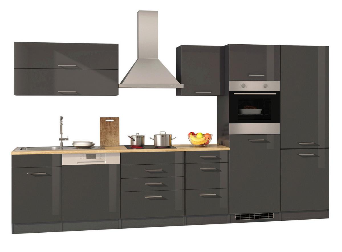 Küchenzeile Mailand mit Geräten 360 cm Anthrazit Hochglanz - Eichefarben/Anthrazit, MODERN, Holzwerkstoff (360cm) - Held