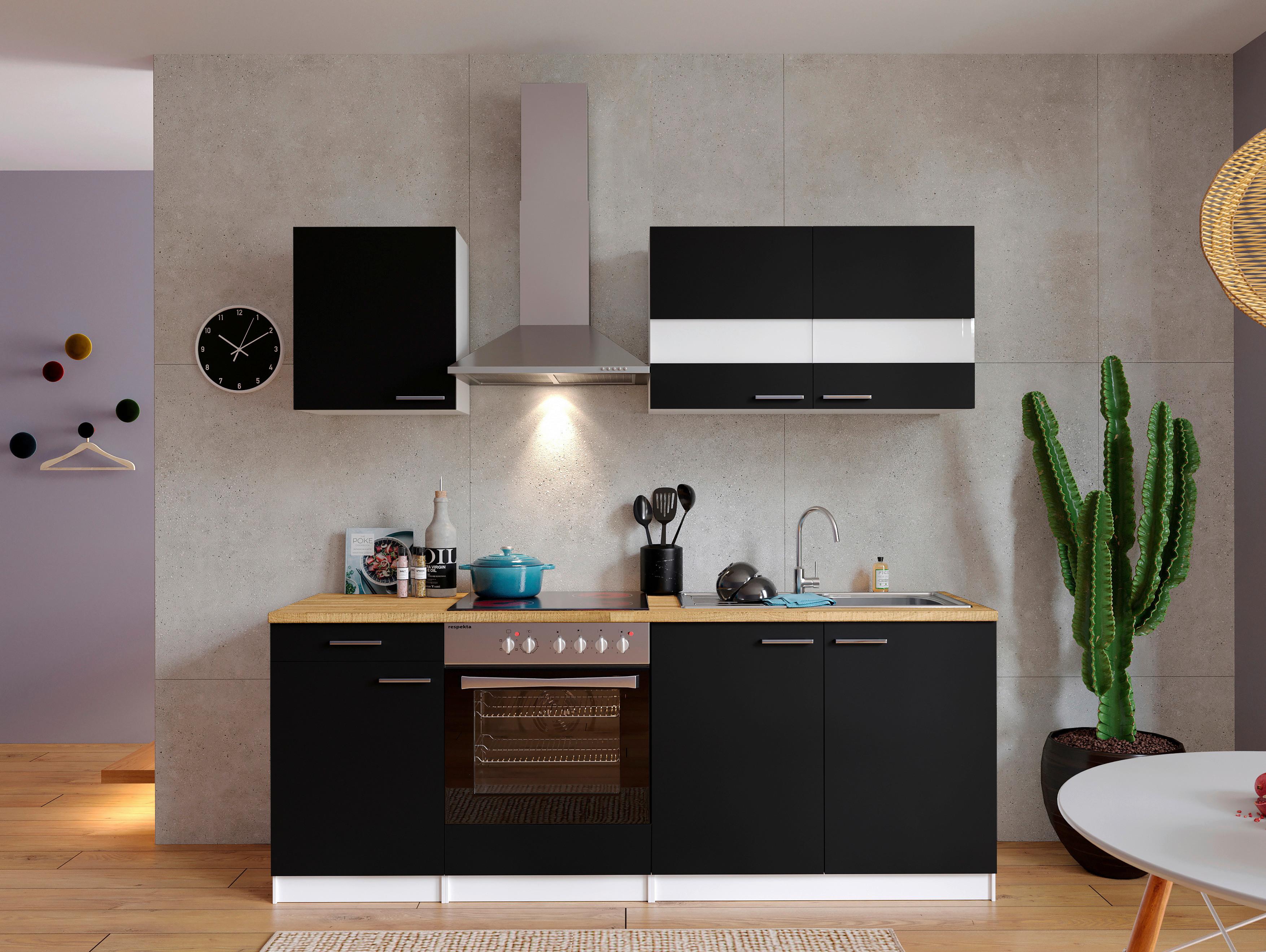 Küchenzeile Economy mit Geräten 210 cm Schwarz/Nussbaum Dekor - Nussbaumfarben/Schwarz, Basics, Holzwerkstoff (210cm) - Respekta