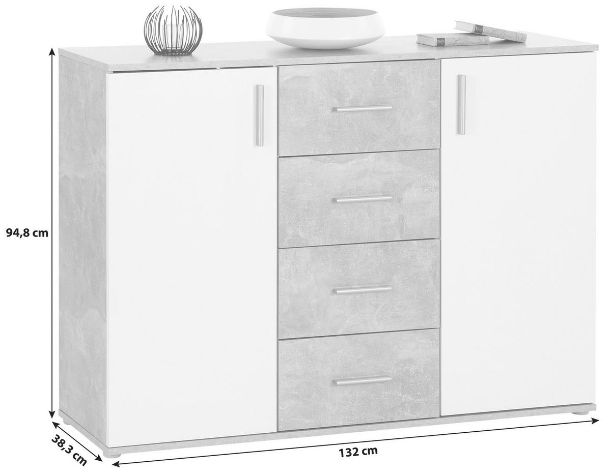 Kommode mit Schubladen B: 132 cm Ina Weiß/Betonoptik - Hellgrau/Weiß, MODERN, Holzwerkstoff (132/94,8/38,3cm)