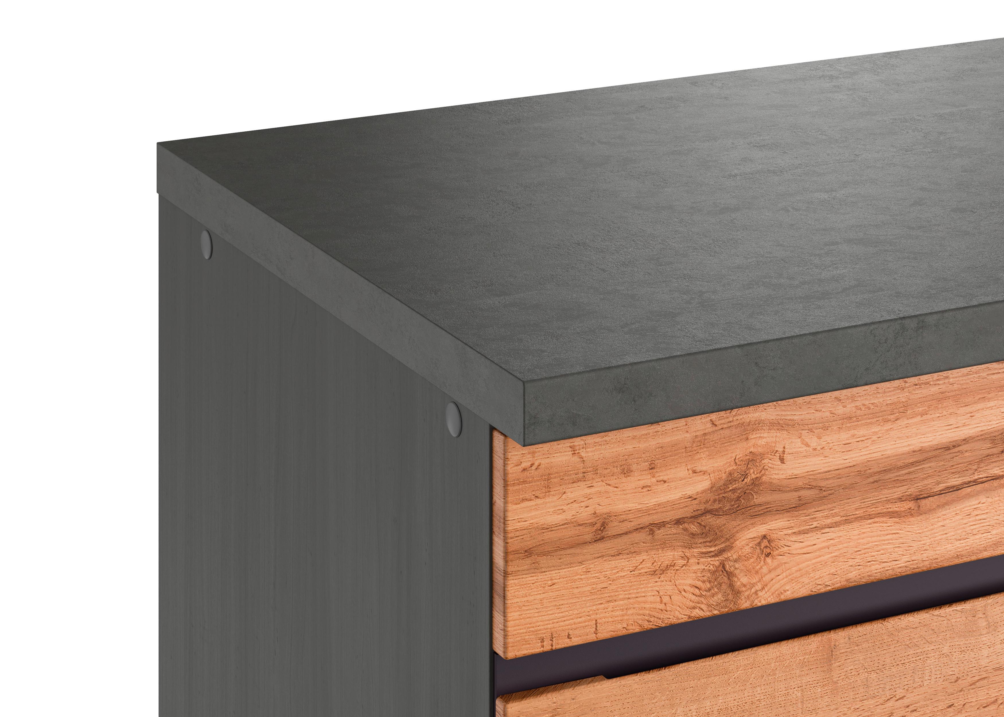 Küchenunterschrank in Holzoptik mit Arbeitsplatte in mattem Grau