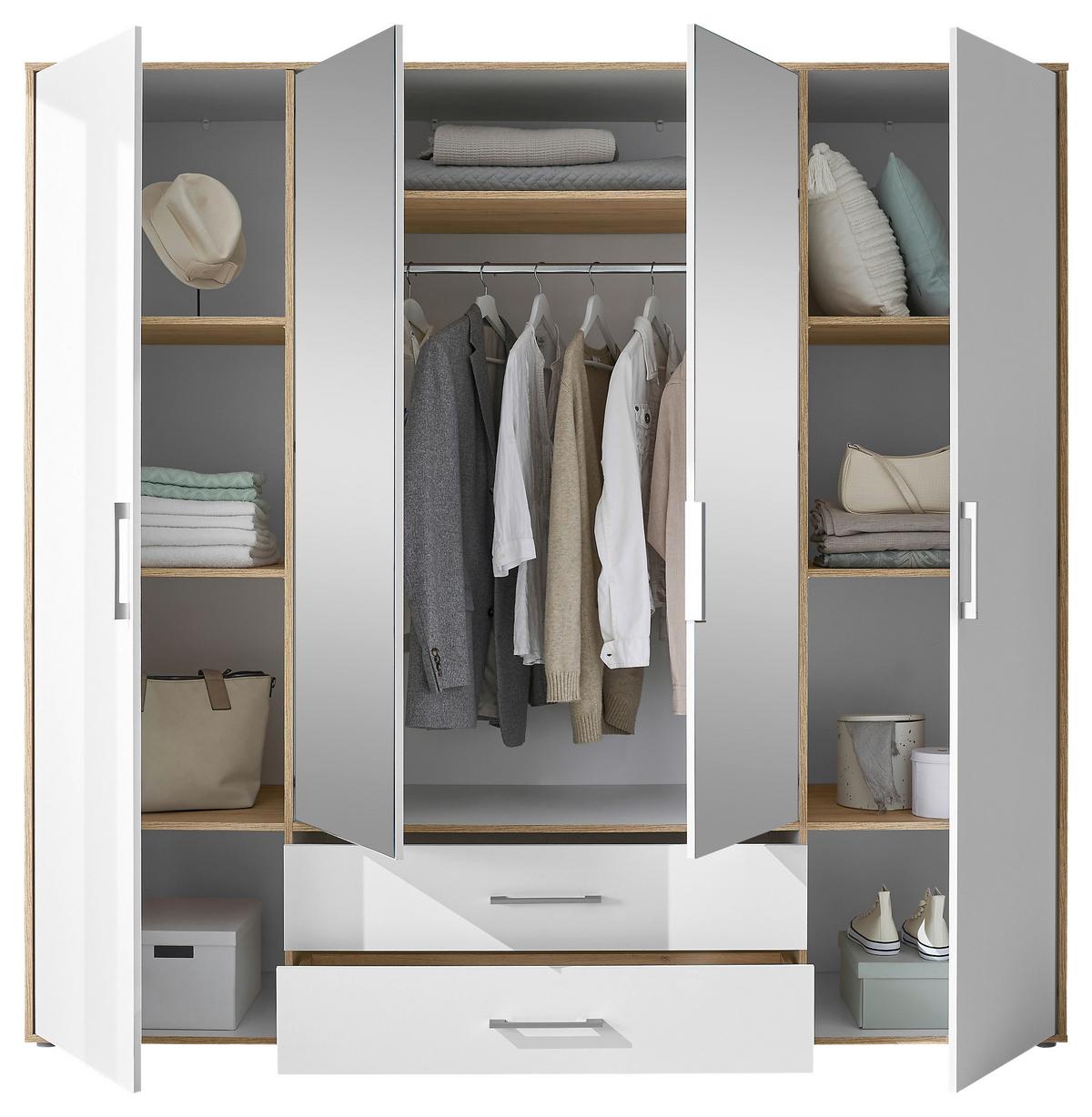 Kleiderschrank M. Spiegel 4trg Lembo Artisan Eiche/weiß 206cm - Weiß/Eiche Artisan, Basics, Glas/Holzwerkstoff (206/195/60cm)