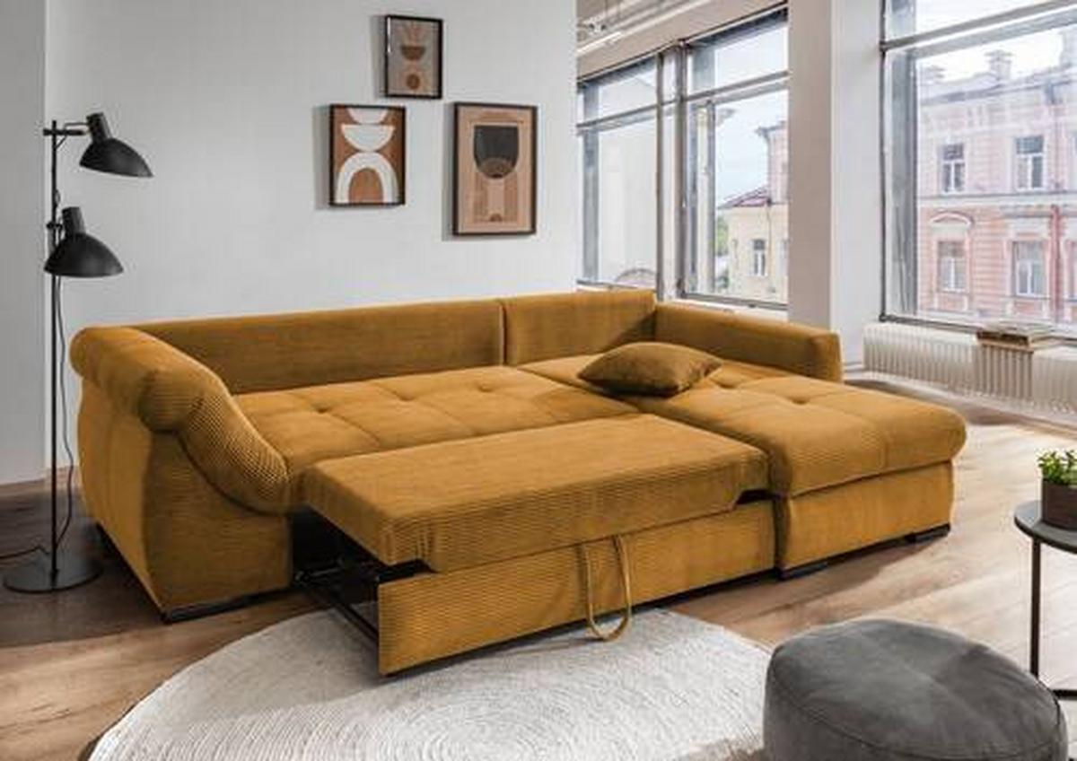 Ecksofa Federico Goldfarben S: 302/188 cm - Goldfarben/Schwarz, MODERN, Holz/Textil (302/188cm) - MID.YOU