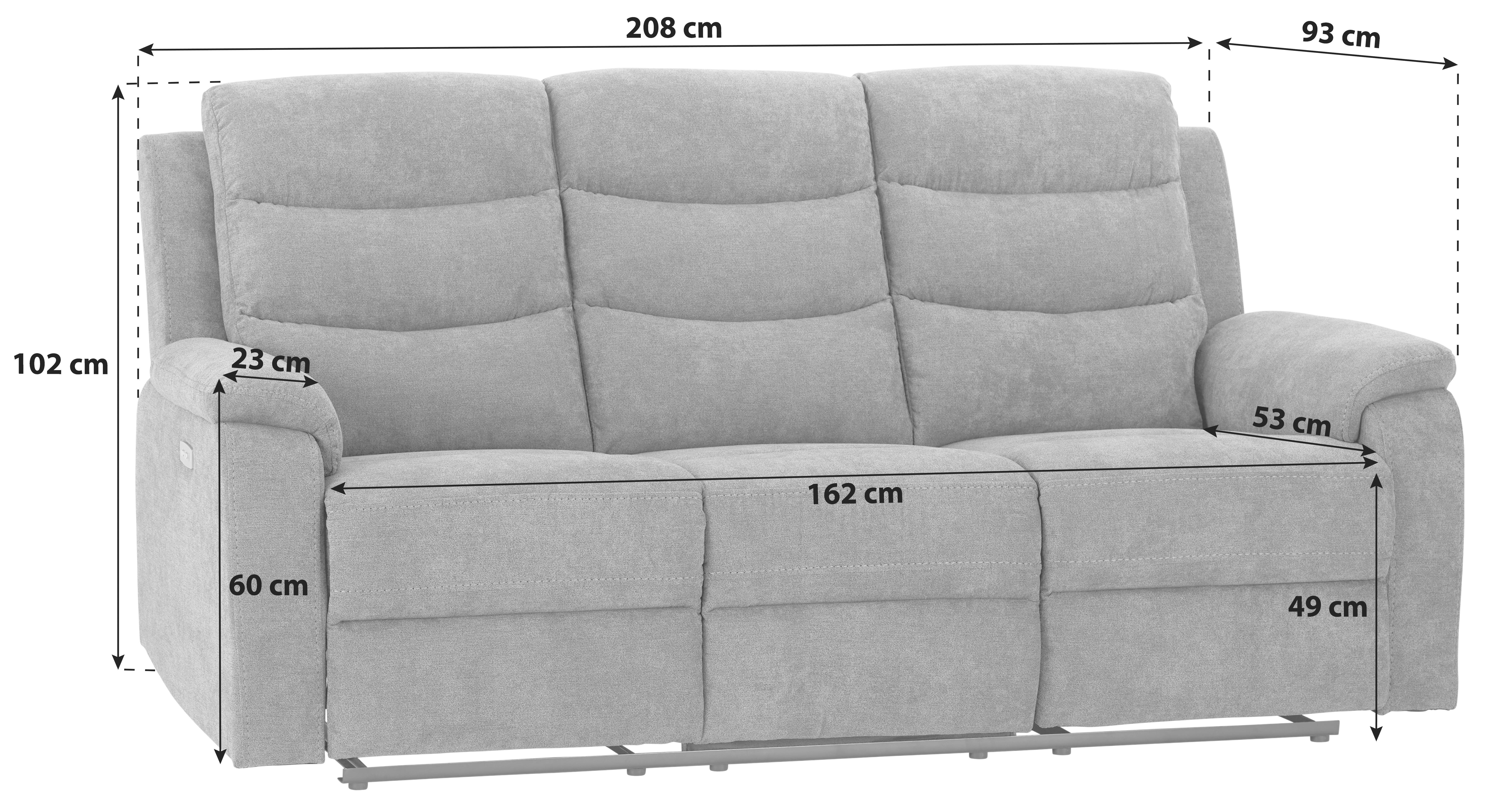 3-sitzer-sofa + Relaxfunktion Manchester Grau Mit Armlehnen - Schwarz/Grau, KONVENTIONELL, Textil (208/102/93cm) - Ondega