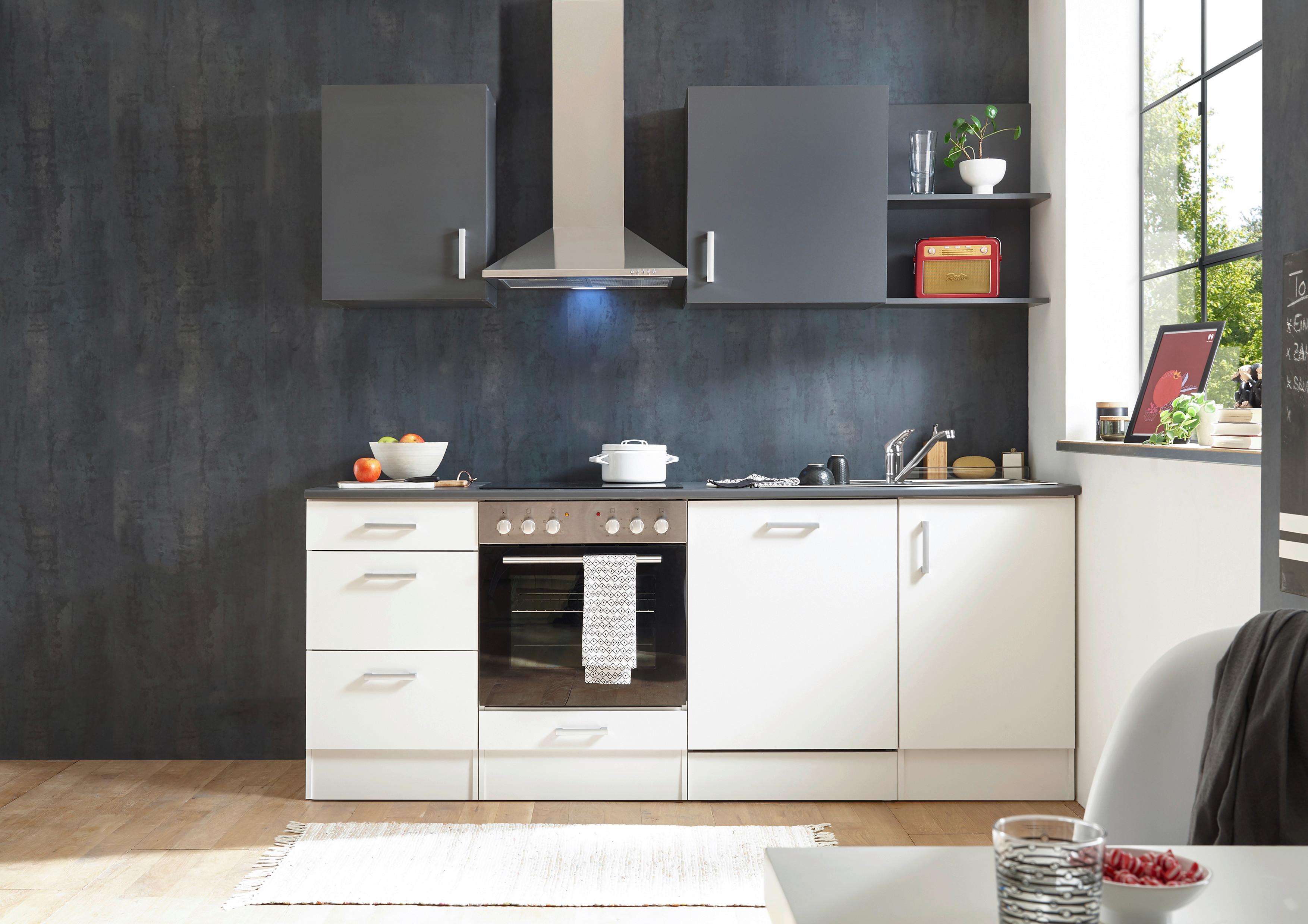Küchenzeile Corner mit Geräten 220 cm Weiß/Anthrazit - Anthrazit/Weiß, Basics, Holzwerkstoff (220cm) - MID.YOU