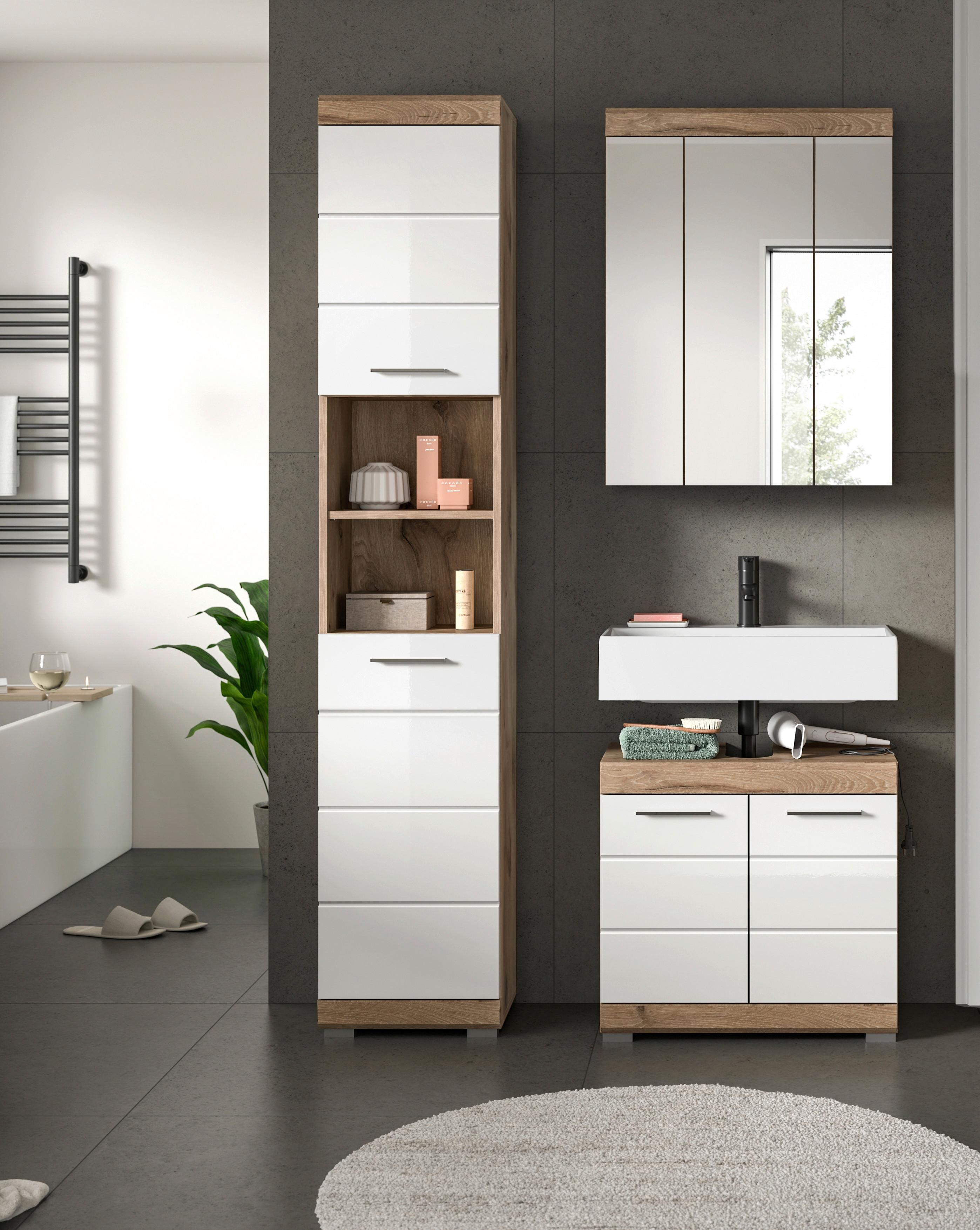 Badezimmer Wave Eichefarben Dekor Weiß Hg - Eichefarben/Weiß Hochglanz, MODERN, Glas/Holzwerkstoff (97cm) - MID.YOU