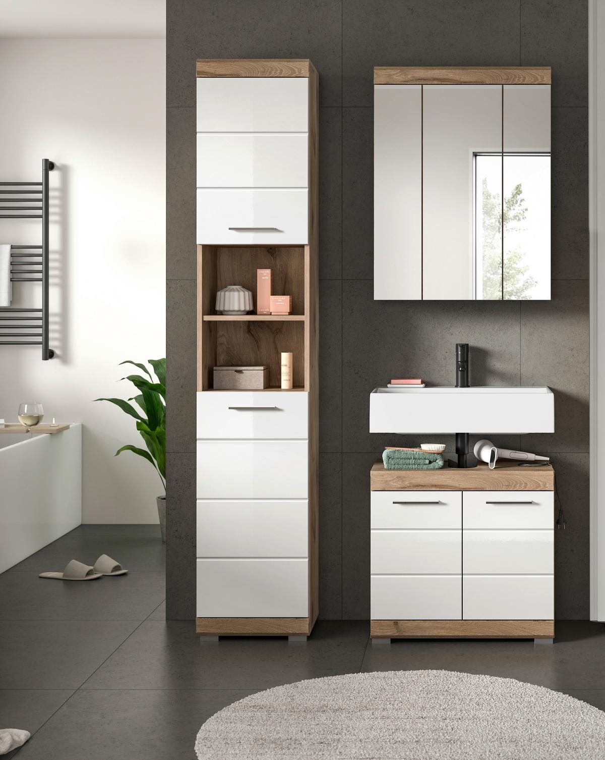 Badezimmer Wave Eichefarben Dekor Weiß Hg - Eichefarben/Weiß Hochglanz, MODERN, Glas/Holzwerkstoff (97cm) - MID.YOU