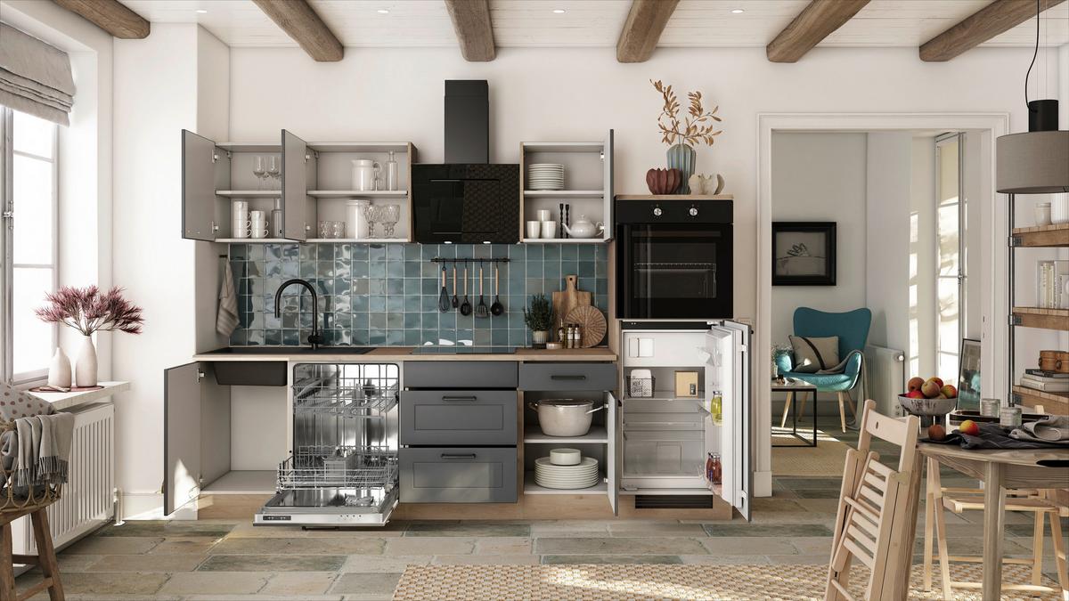 Küchenblock Romeo Eiche Dekor/anthrazit B: 280cm - Eichefarben/Anthrazit, Basics, Holzwerkstoff (280cm) - FlexWell