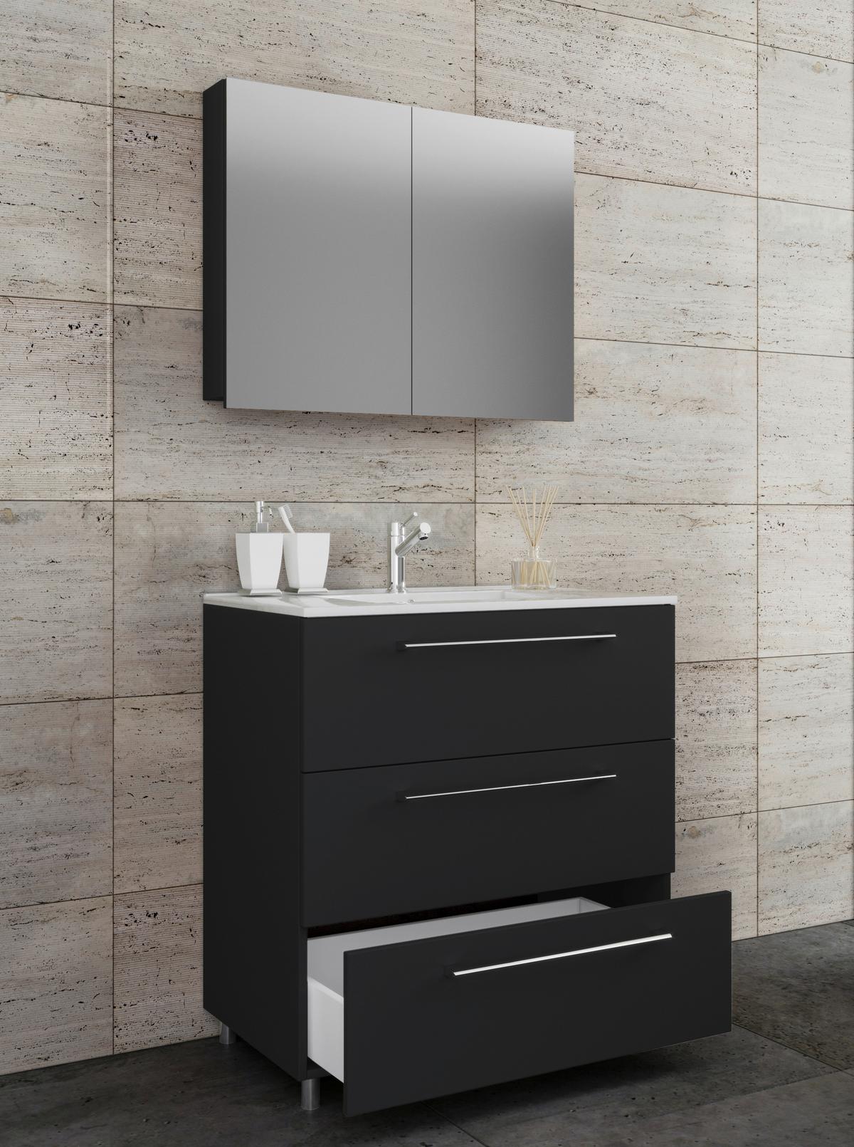 Badezimmer Schubo 3-Teilig Schwarz B: 80 cm - Alufarben/Schwarz, MODERN, Keramik/Holzwerkstoff (80cm) - MID.YOU