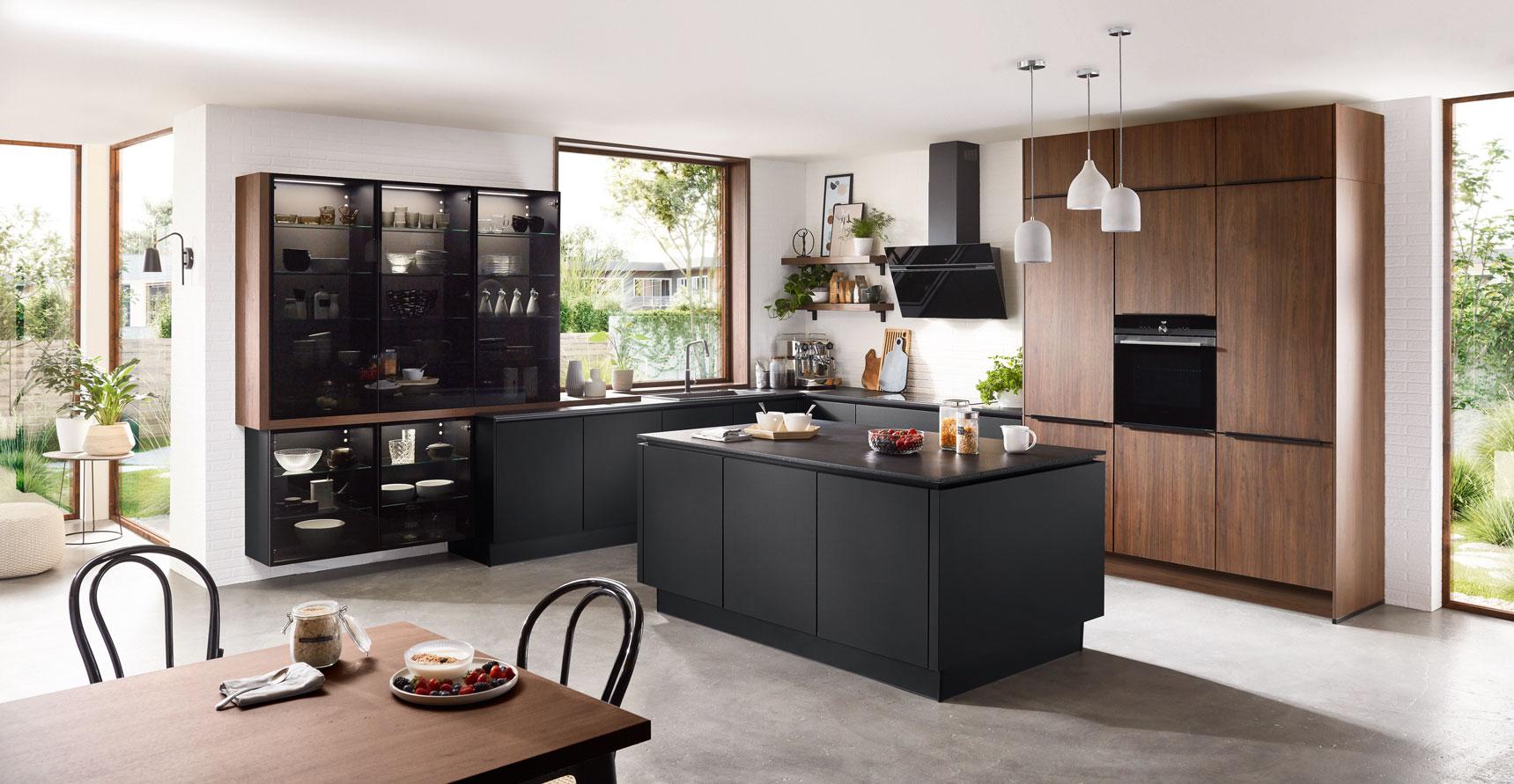 Einbauküche Riga Frei Planbar Modern, Grifflos - Eichefarben/Schwarz, MODERN, Holzwerkstoff - Vertico