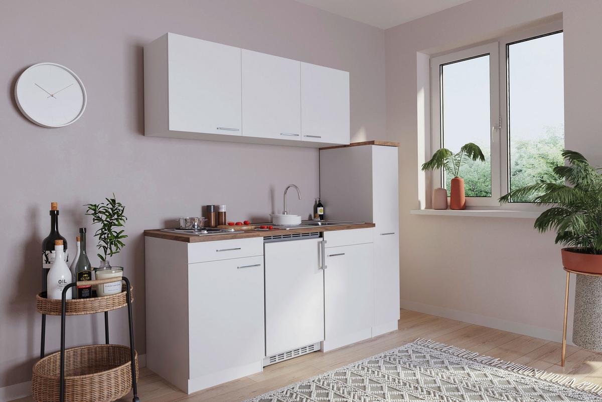 Küchenzeile Economy M. Geräten 180 Cm Weiß/nussbaum Dekor - Nussbaumfarben/Weiß, Basics, Holzwerkstoff (180cm) - Respekta