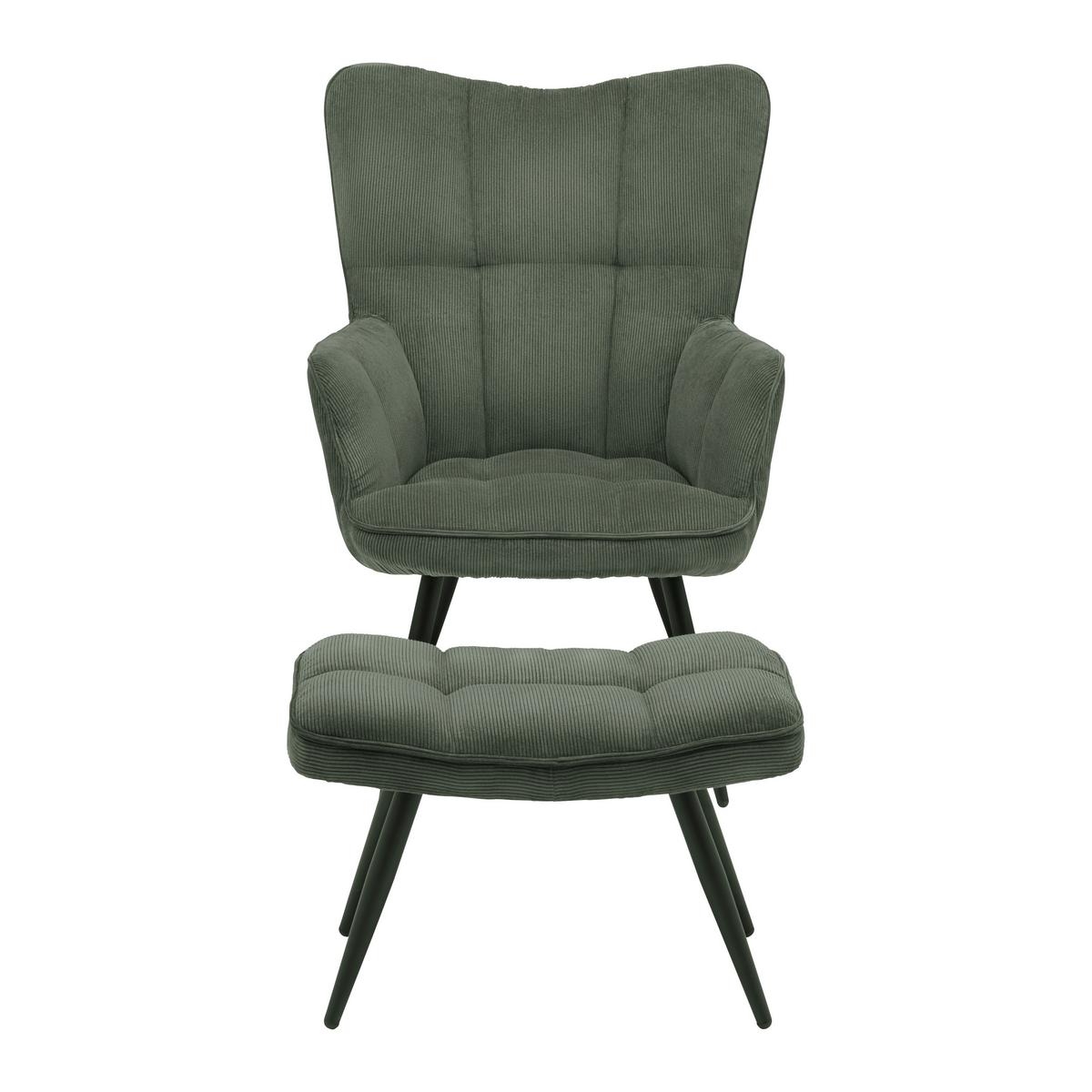 Křeslo s taburetem ALEX, zelený manšestr, max. 120 kg - černá/zelená, Moderní, kov/textil (68/100/78cm) - Mömax