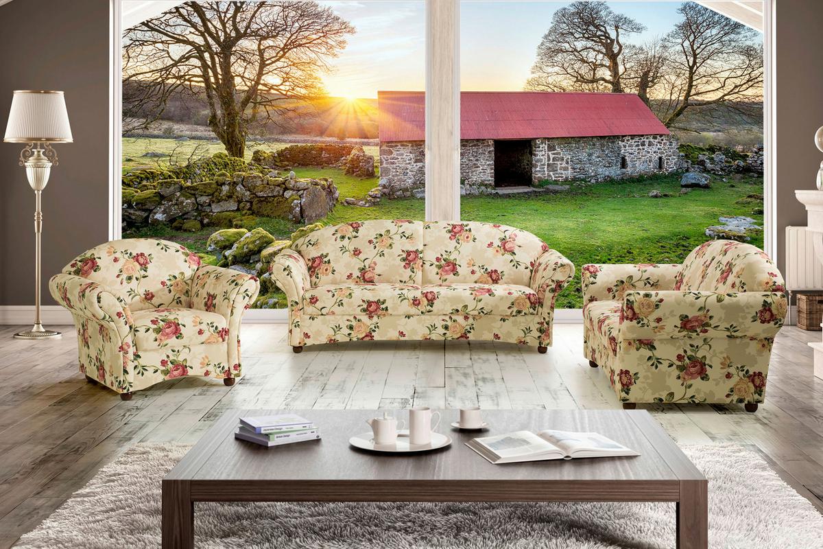 2-Sitzer-Sofa Corona Gelb/Rot/Beige, Blumen Design - Gelb/Beige, Design, Textil (151/85/81cm) - Max Winzer