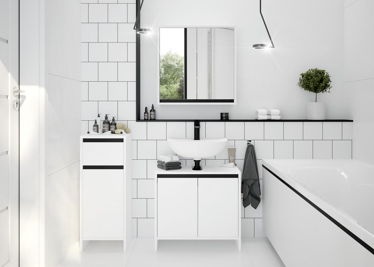 Weißer Badezimmerschrank stehend mit Tür und Schublade