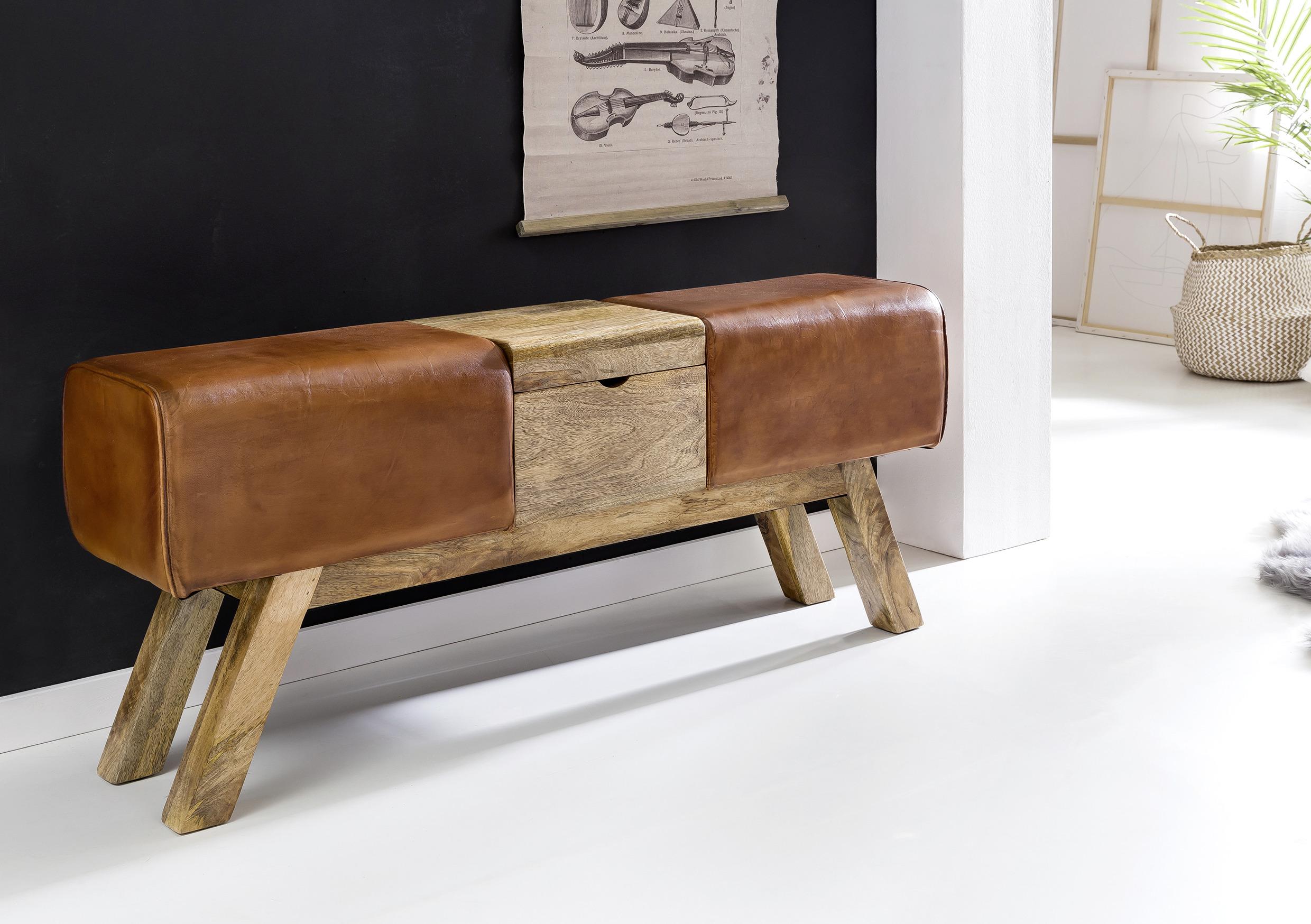 Garderobenbank WL5.098 aus Leder und Mangoholz im Retro-look und Staufach Seite