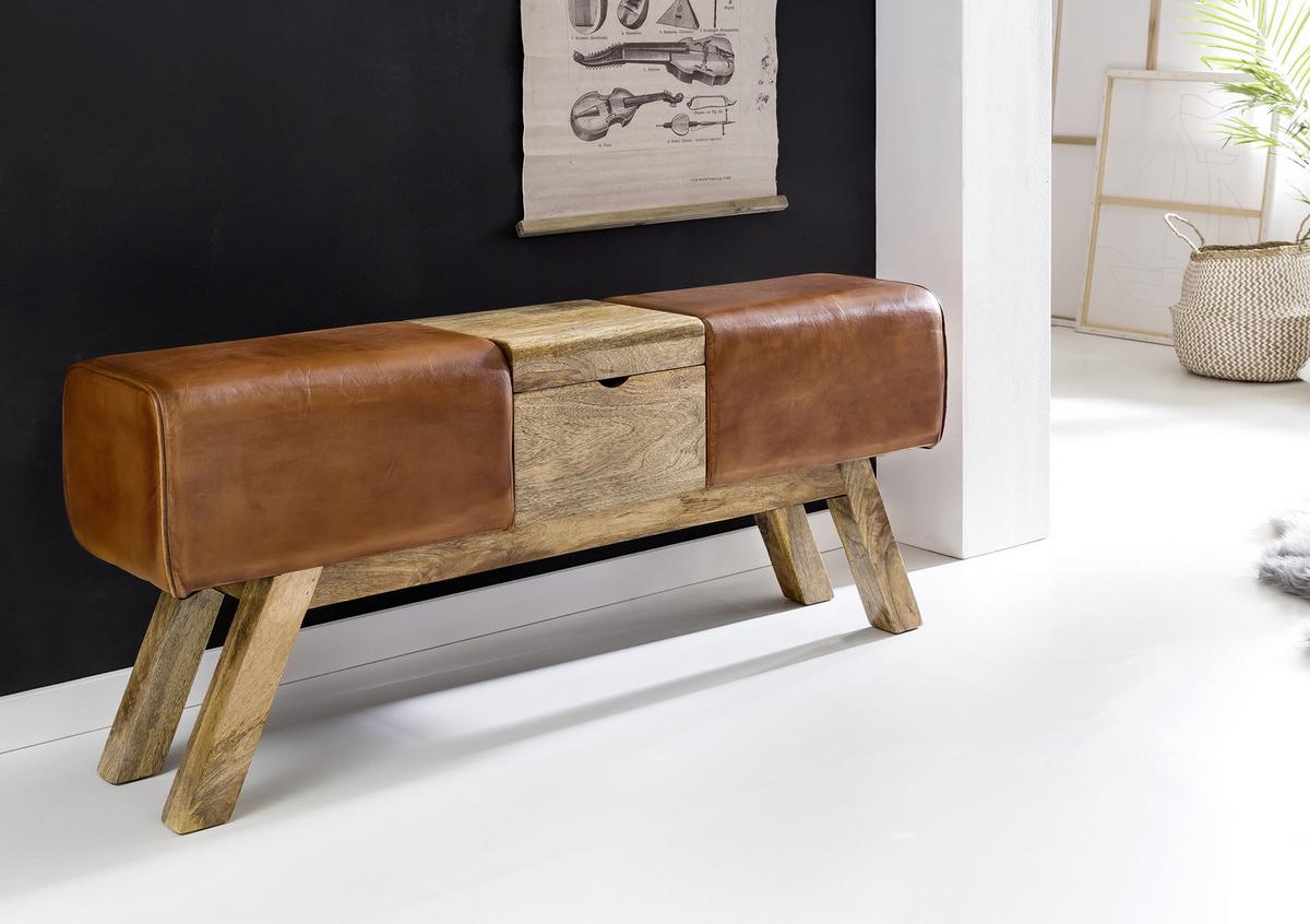 Garderobenbank B: 120 Cm Gepolstert Leder/mangoholz - Braun, Natur, Leder (120/53/29cm) - MID.YOU
