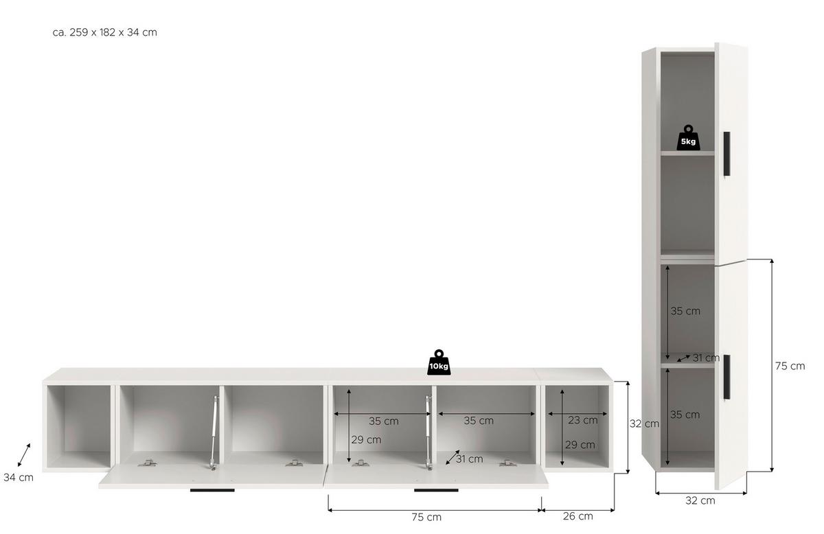 Wohnwand, The ONE 1, B: 259 cm Weiss - Schwarz/Weiß, Trend, Holzwerkstoff (259/182/34cm)