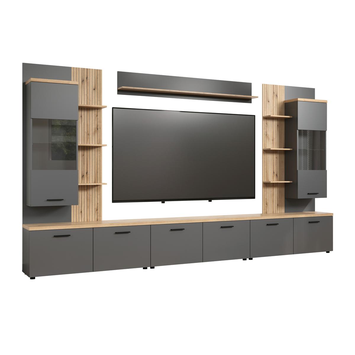 Wohnwand Baggio Anthrazit/Eichefarben B: 360cm - Eichefarben/Anthrazit, Design, Glas/Holzwerkstoff (360/212/40cm) - MID.YOU