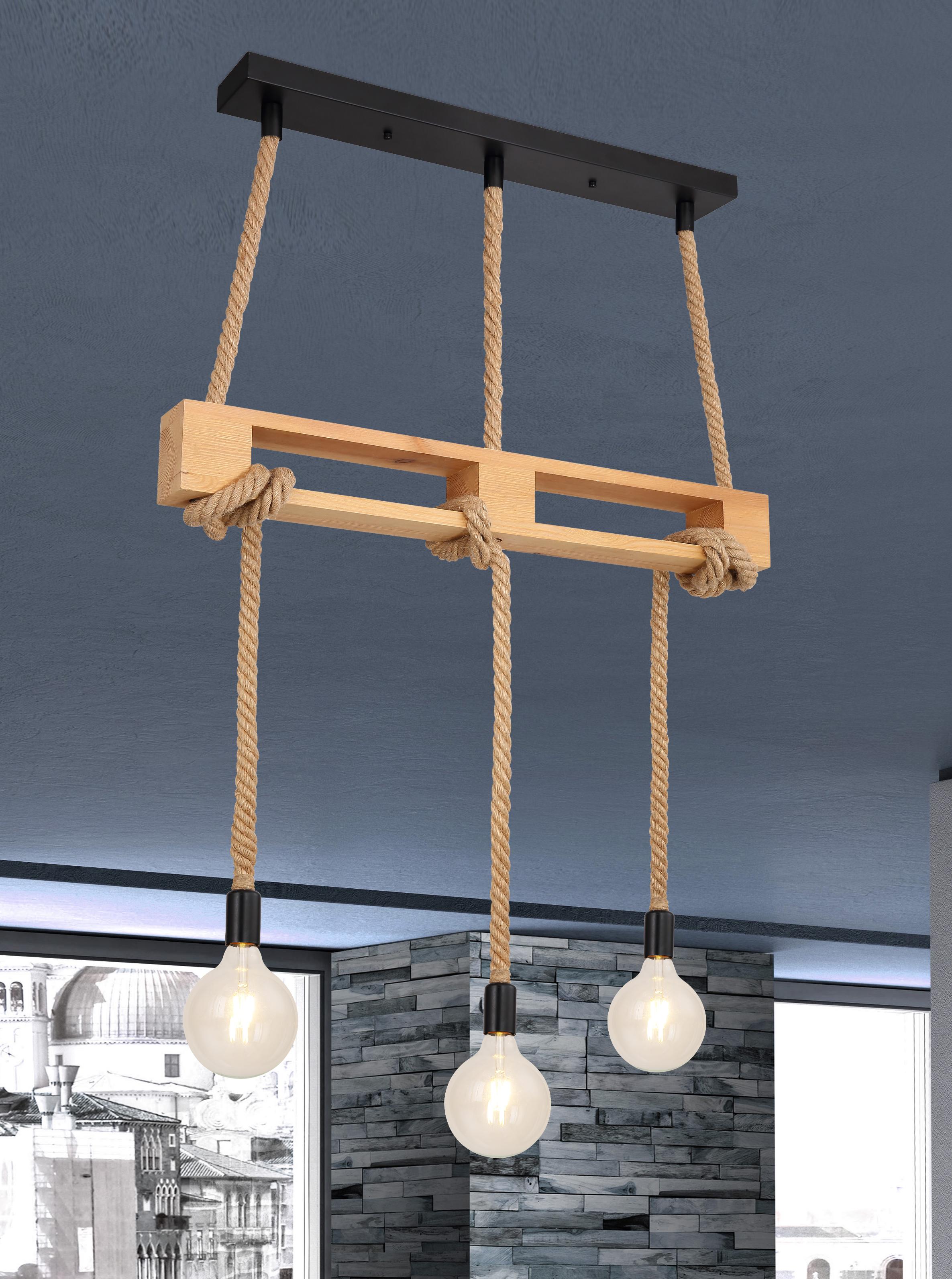 Häneleuchte H: 120 cm 3-Flammig, Industrial Style - Schwarz/Braun, Natur, Naturmaterialien/Holz (83/10/120cm) - Globo