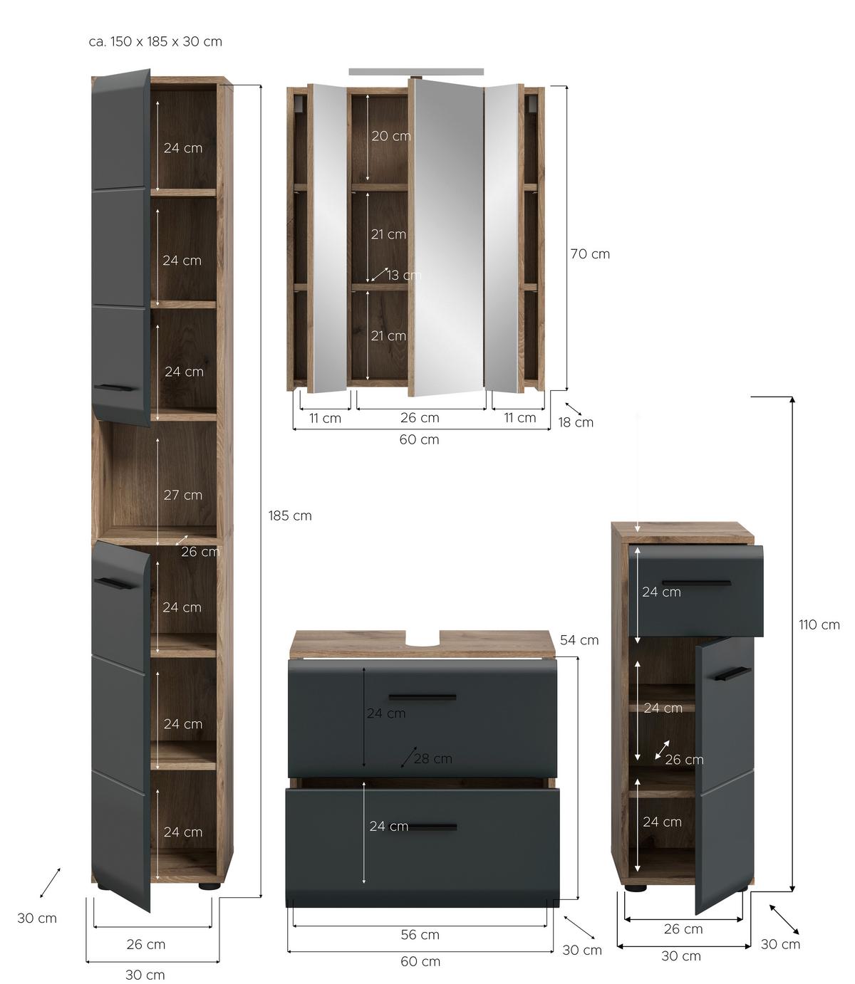Badezimmer Ice Schwarz/Eiche Dekor B: 120cm - Eiche dunkel/Schwarz, Basics, Holzwerkstoff (120cm) - MID.YOU