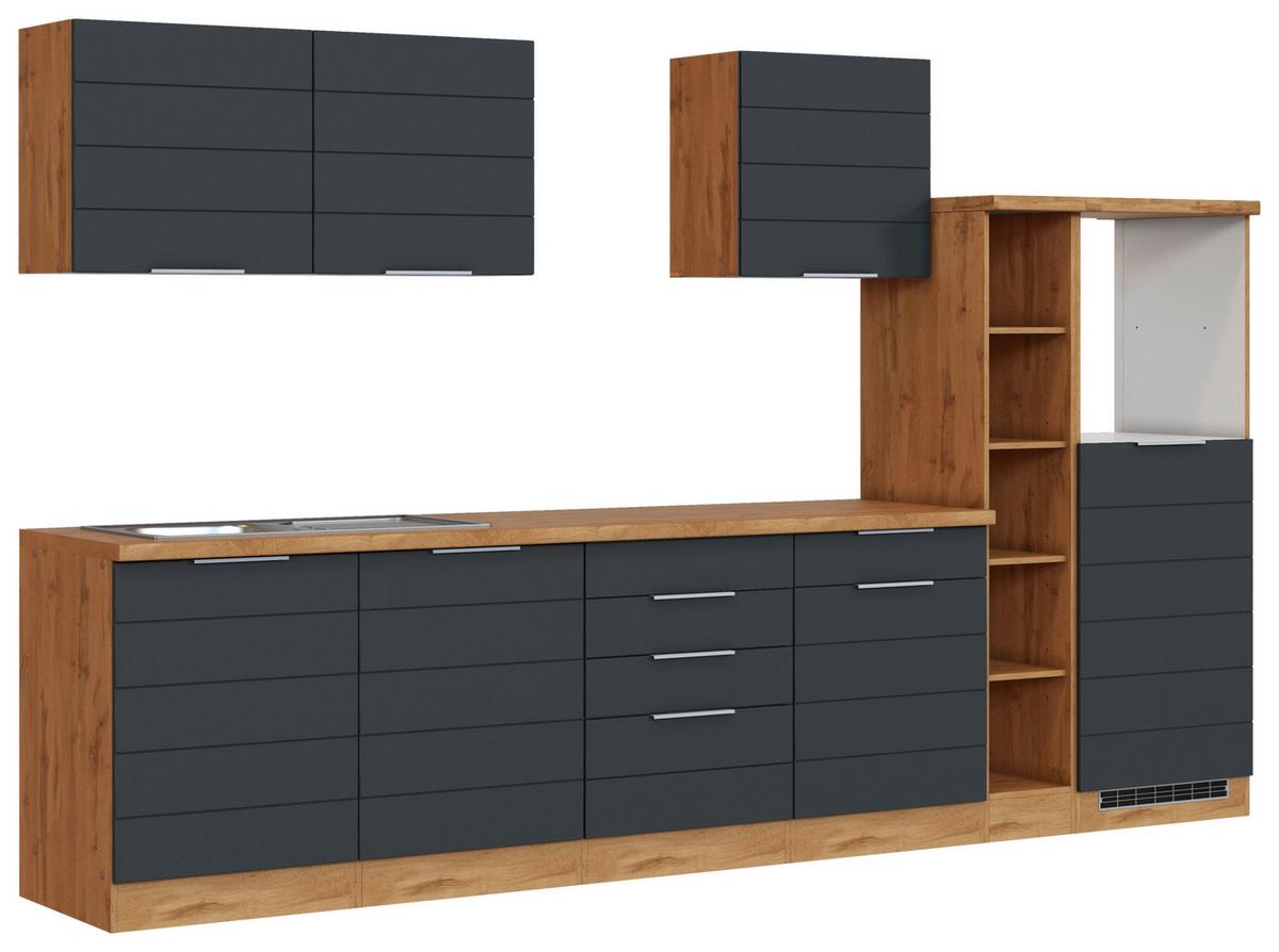 Küchenzeile Florenz ohne Geräte 330 cm Grau/Eichef. - Eiche Wotan/Grau, Design, Holzwerkstoff (330cm) - Held